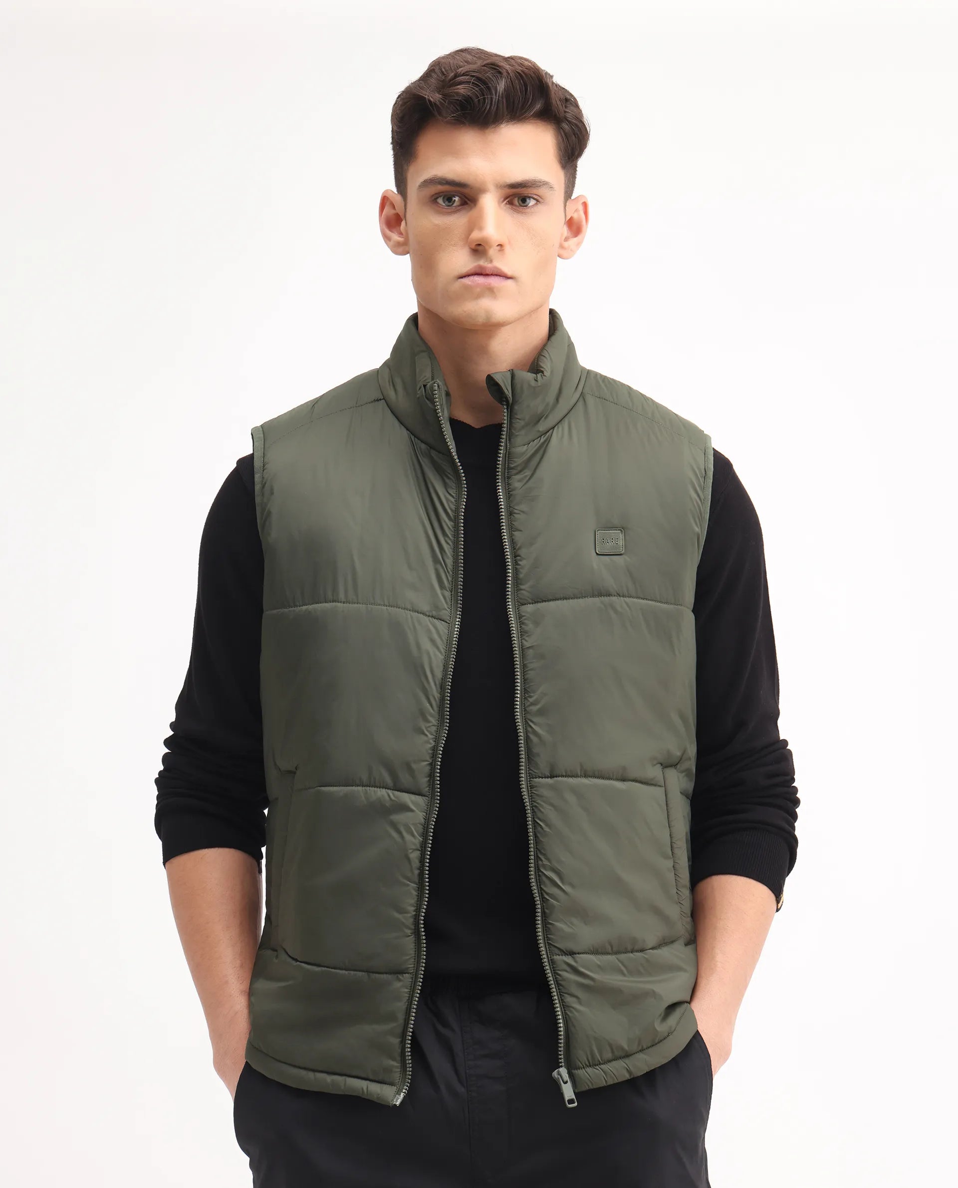 Rare Rabbit Men's Berry-25 Olive Polyester Plain Regular Fit Sleeveless High Neck Jacket