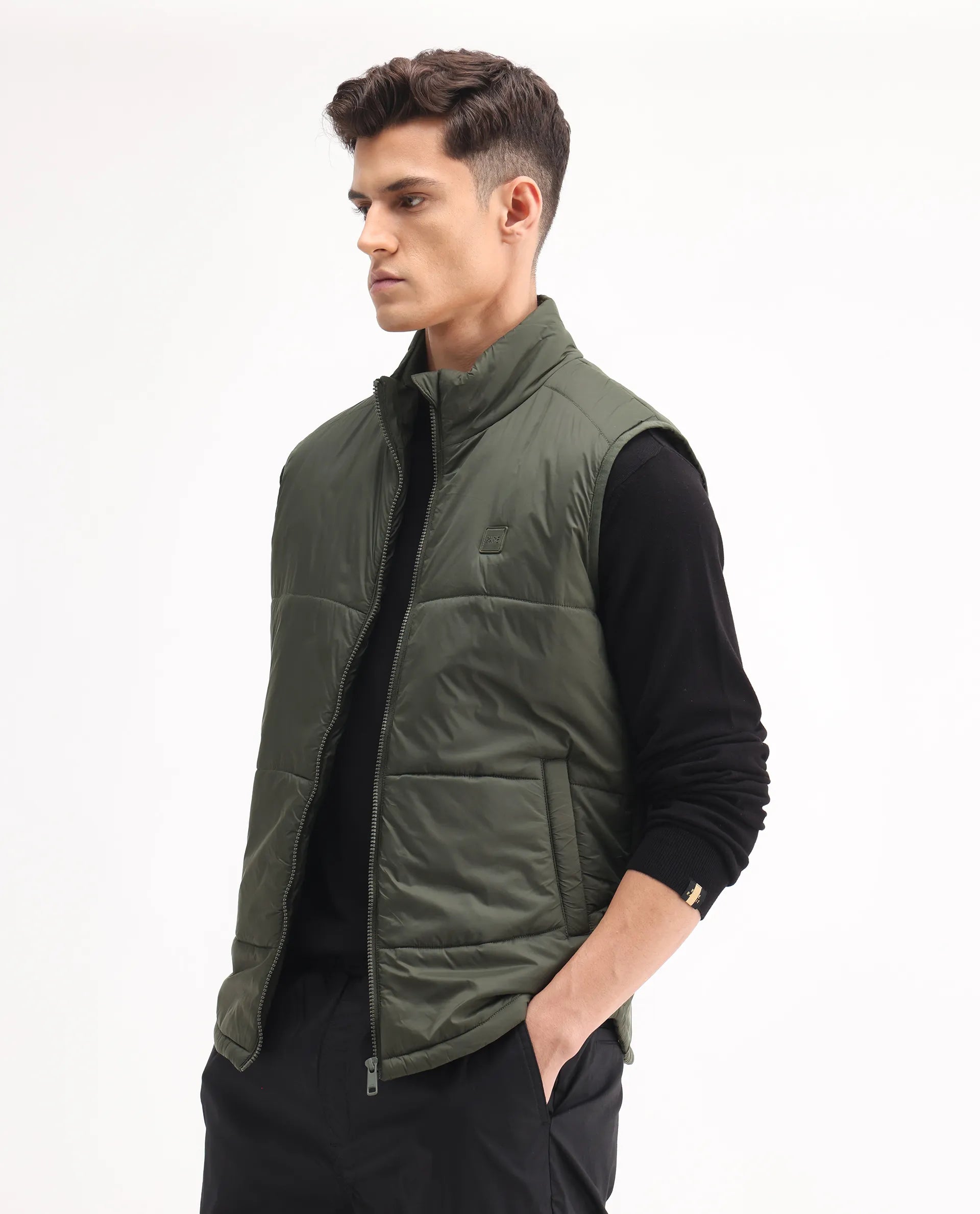 Rare Rabbit Men's Berry-25 Olive Polyester Plain Regular Fit Sleeveless High Neck Jacket