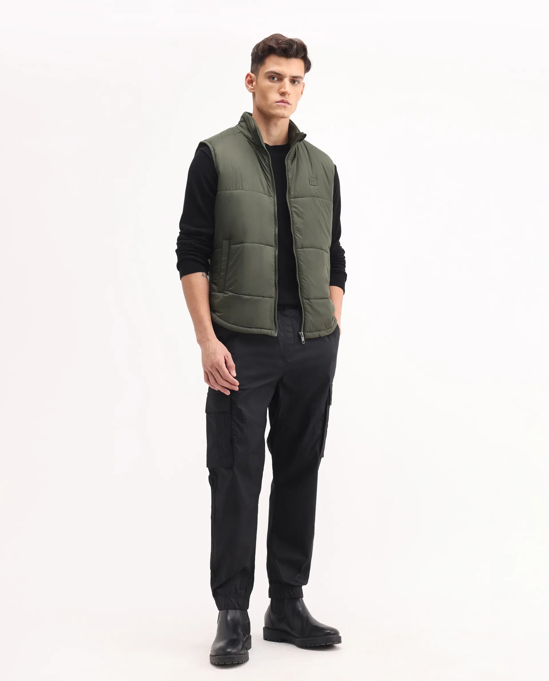 Rare Rabbit Men's Berry-25 Olive Polyester Plain Regular Fit Sleeveless High Neck Jacket