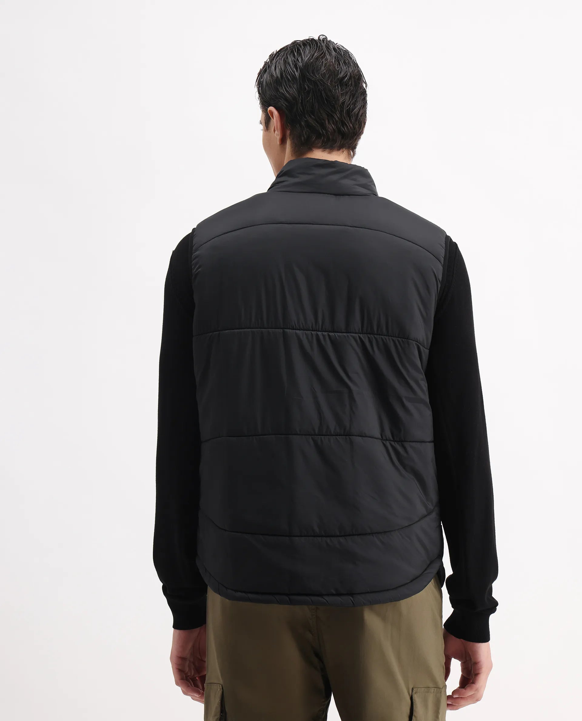 Rare Rabbit Men's Berry-25 Black Polyester Plain Regular Fit Sleeveless High Neck Jacket