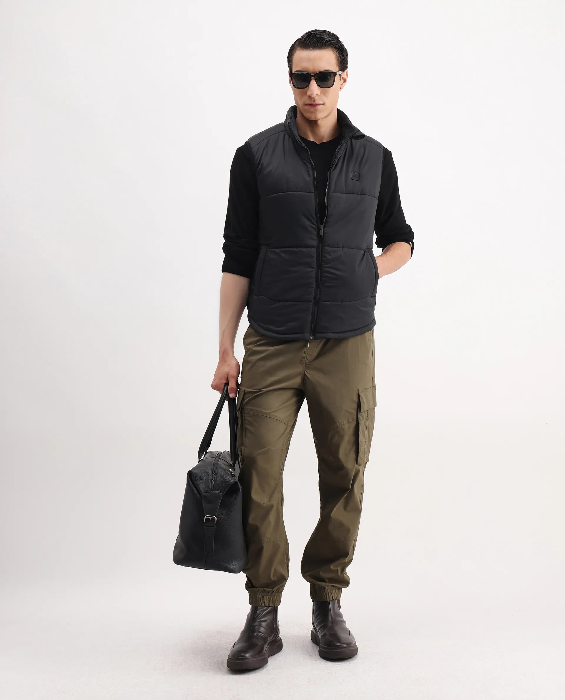 Rare Rabbit Men's Berry-25 Black Polyester Plain Regular Fit Sleeveless High Neck Jacket
