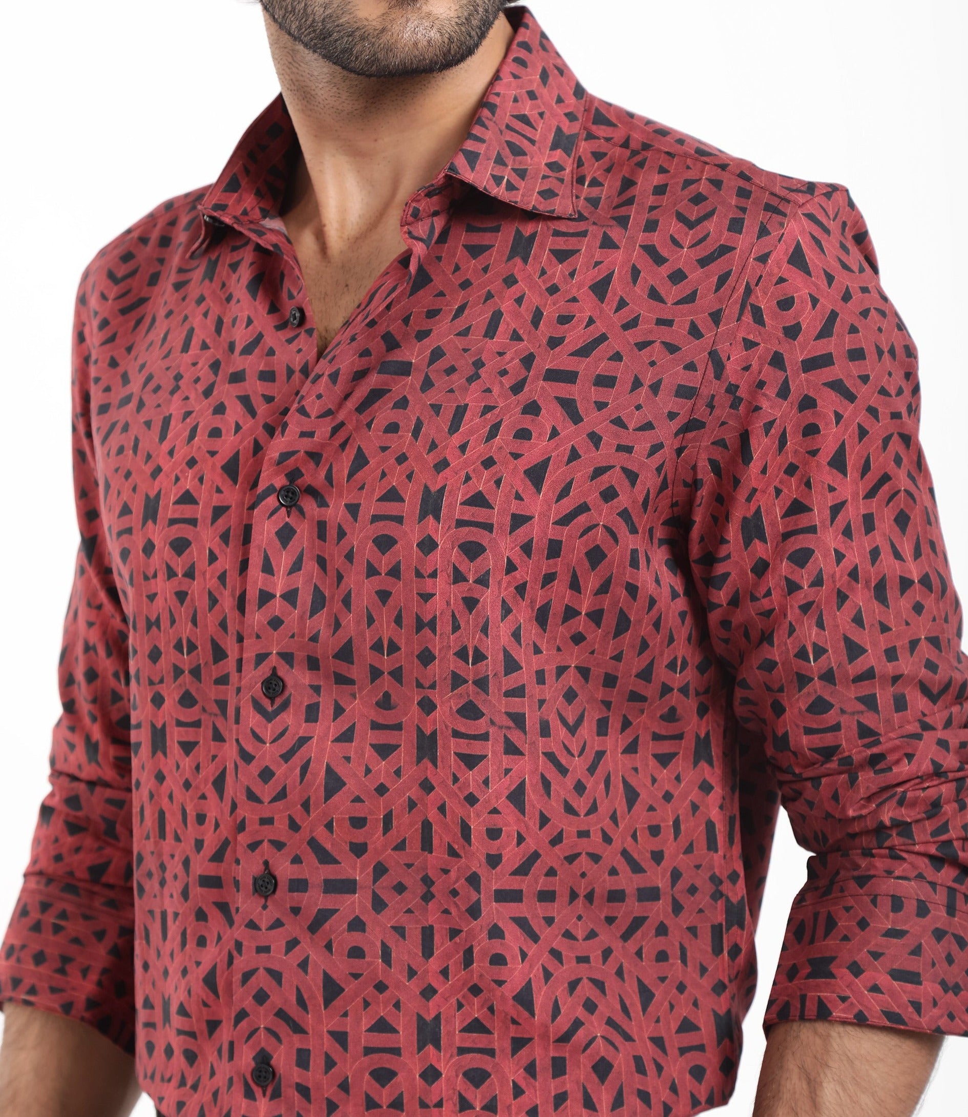 Rare Rabbit Men's Betel Dark Red Viscose Fabric Full Sleeve Regular Fit Geometric Print Shirt