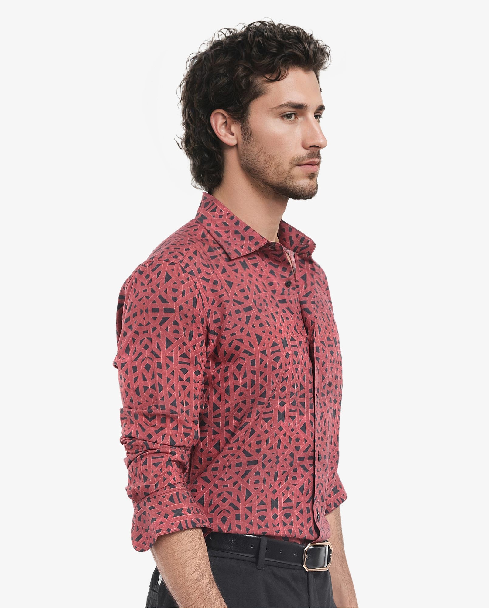 Rare Rabbit Men's Betel Dark Red Viscose Fabric Full Sleeve Regular Fit Geometric Print Shirt