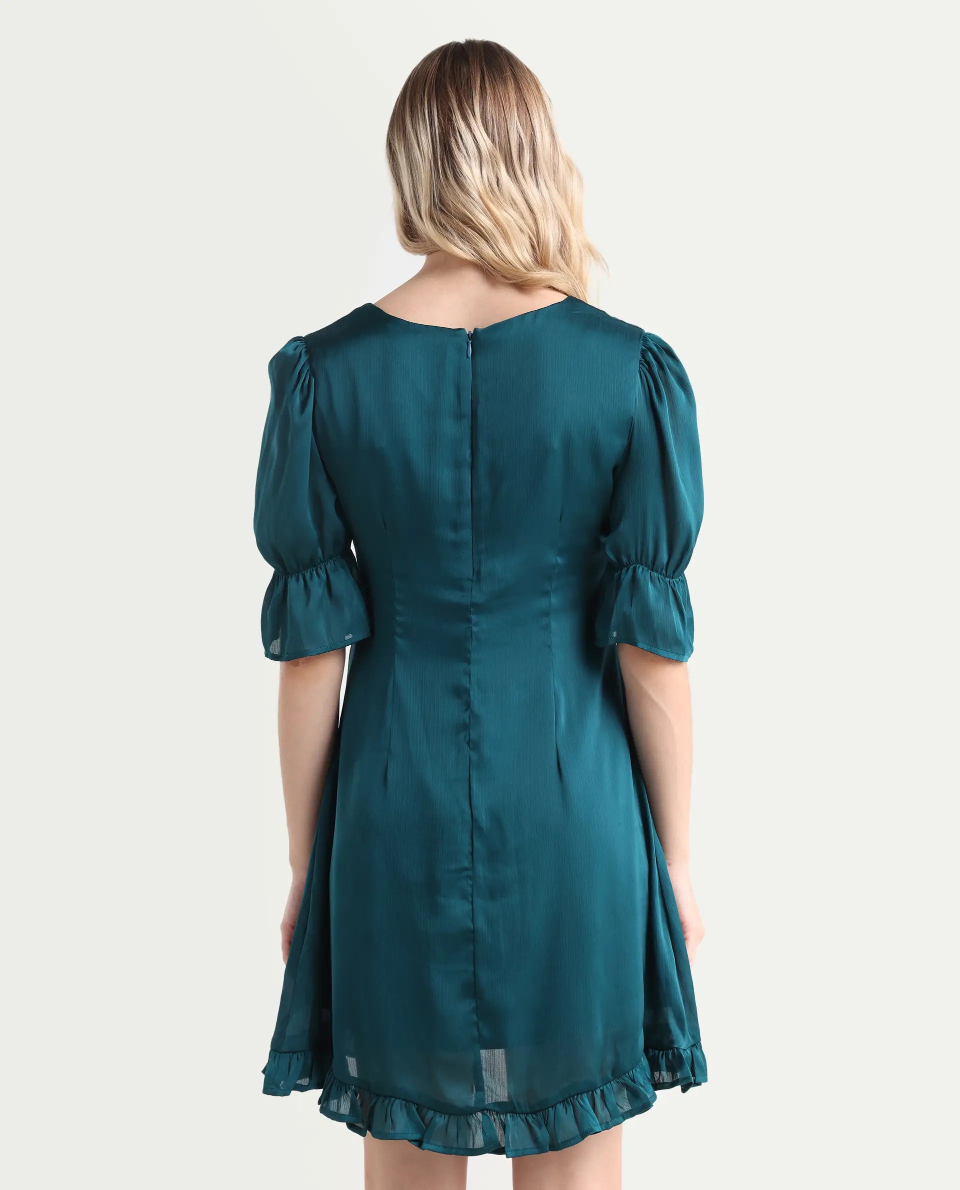 Rareism Women's Betty-Green V-Neck Plain Puff Sleeves Knee Length Tailored Dress