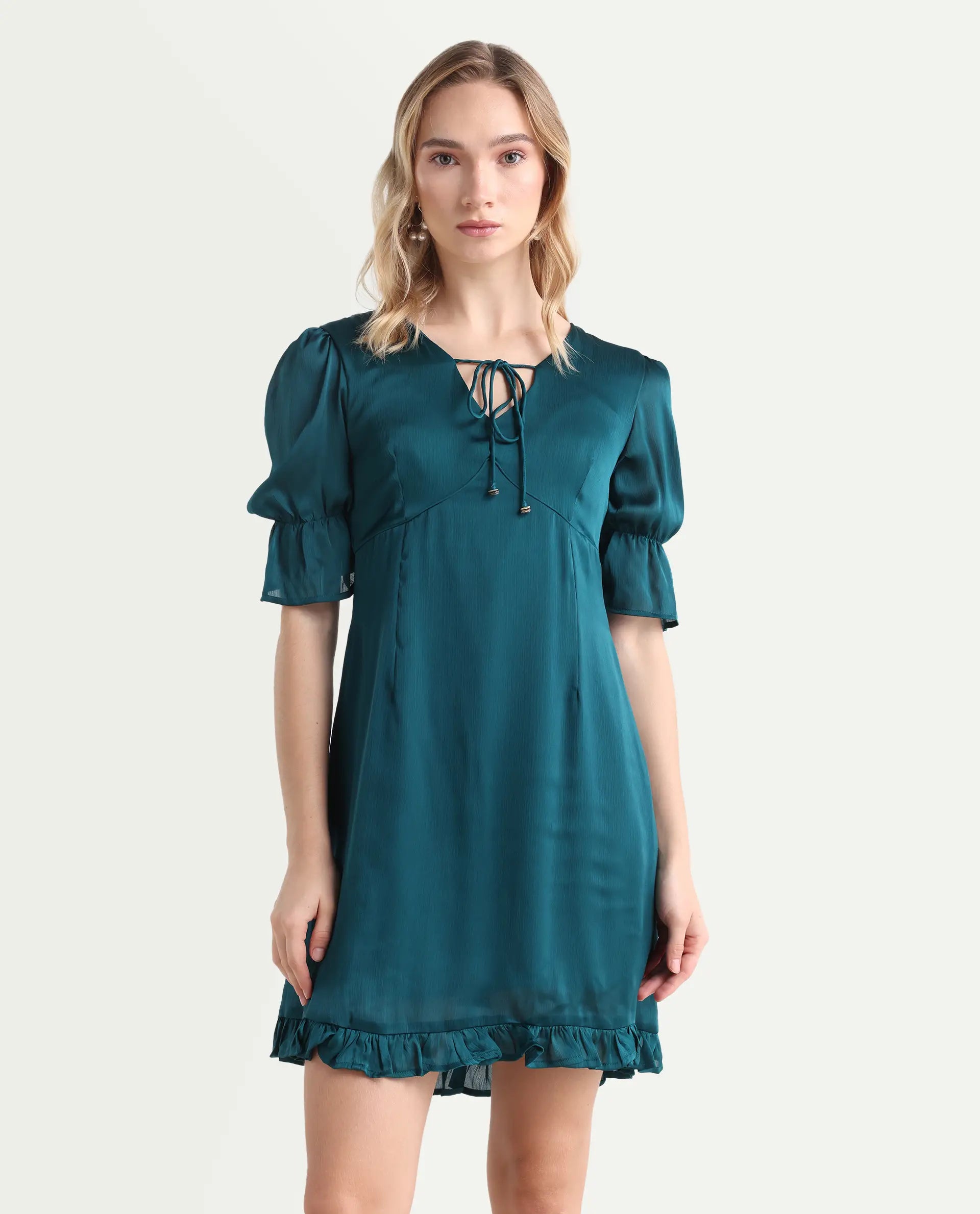 Rareism Women's Betty-Green V-Neck Plain Puff Sleeves Knee Length Tailored Dress