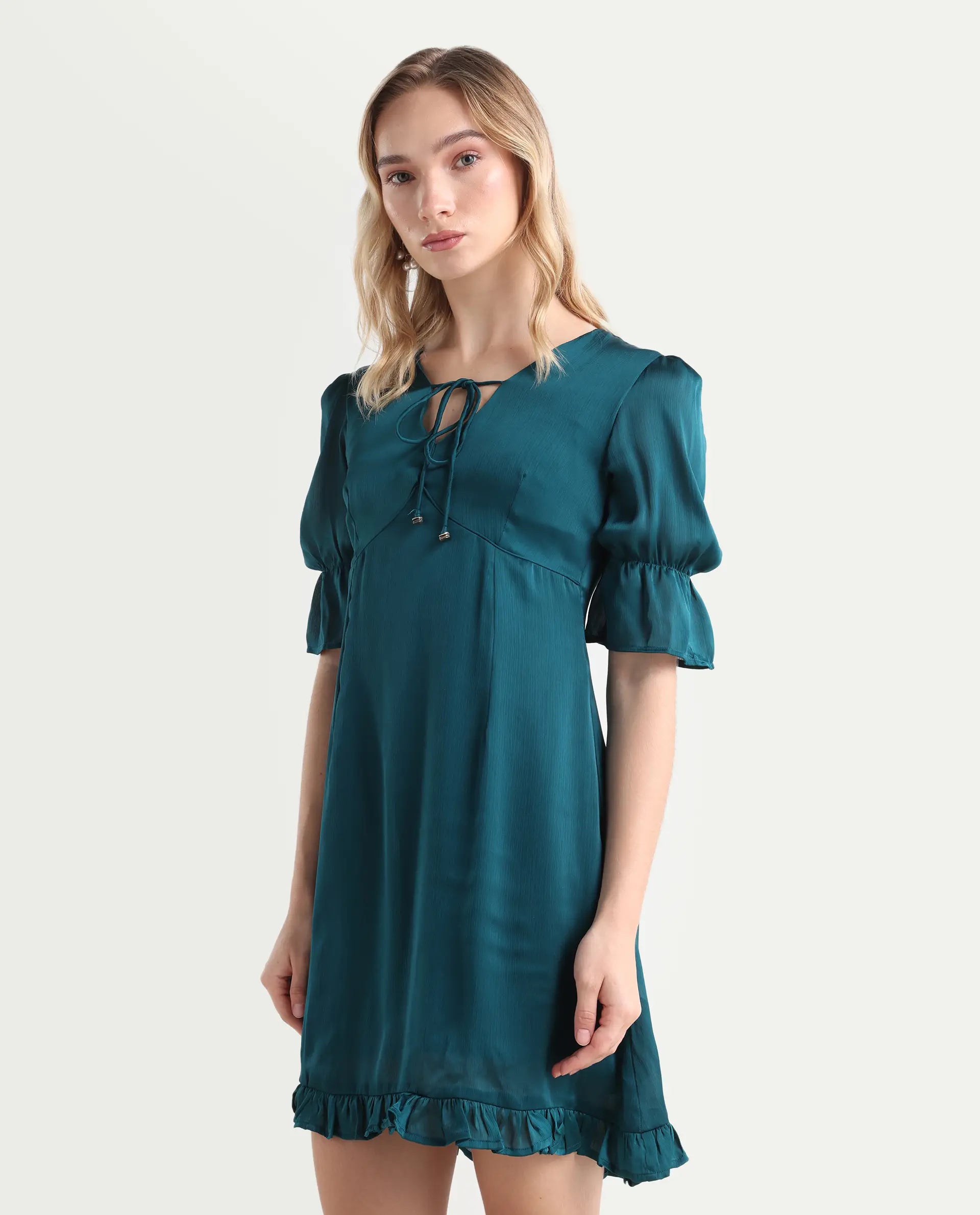 Rareism Women's Betty-Green V-Neck Plain Puff Sleeves Knee Length Tailored Dress