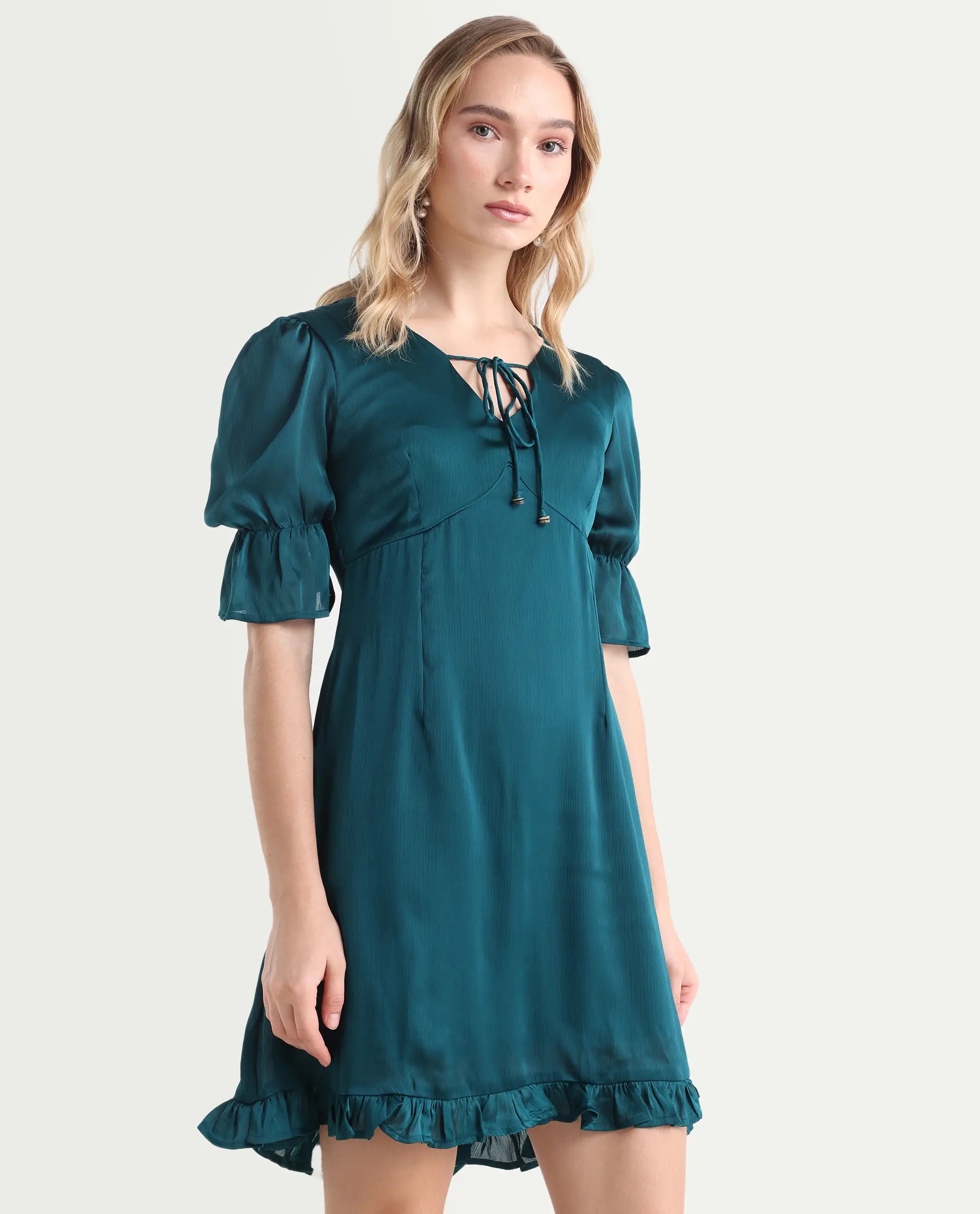 Rareism Women's Betty-Green V-Neck Plain Puff Sleeves Knee Length Tailored Dress