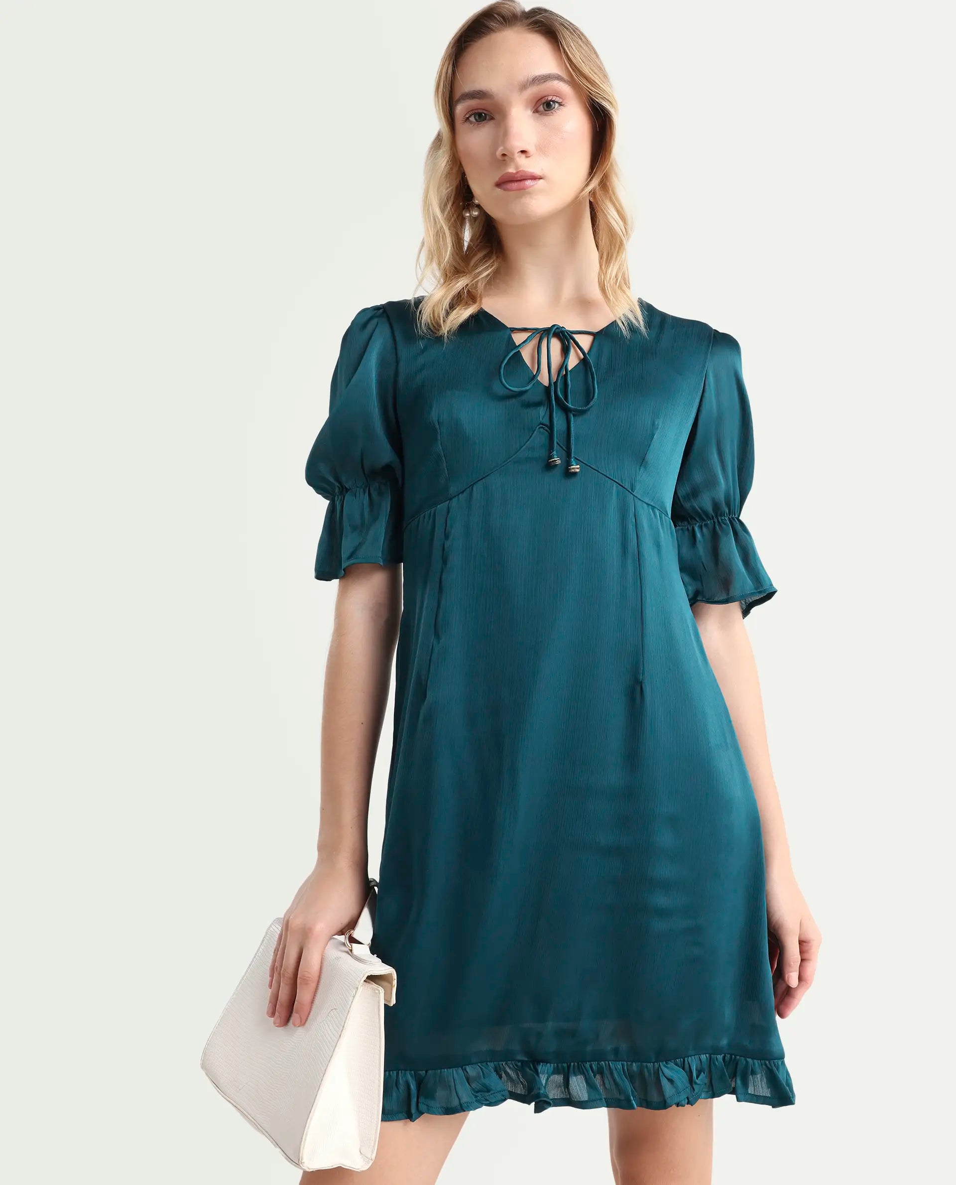 Rareism Women's Betty-Green V-Neck Plain Puff Sleeves Knee Length Tailored Dress