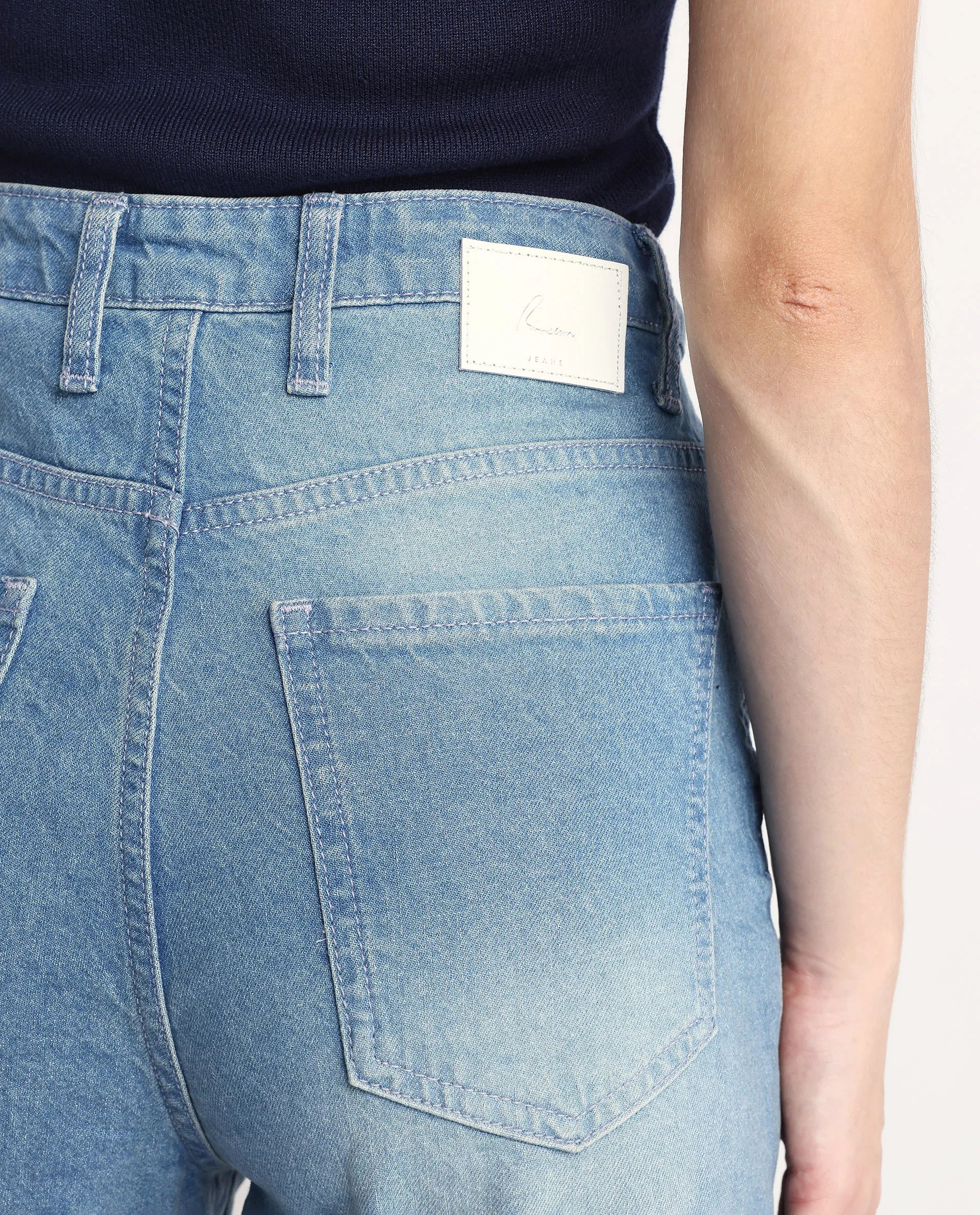 Rareism Women's Beuk Light Blue Cotton Blend Plain Ankle Length Smart Straight Fit Jeans