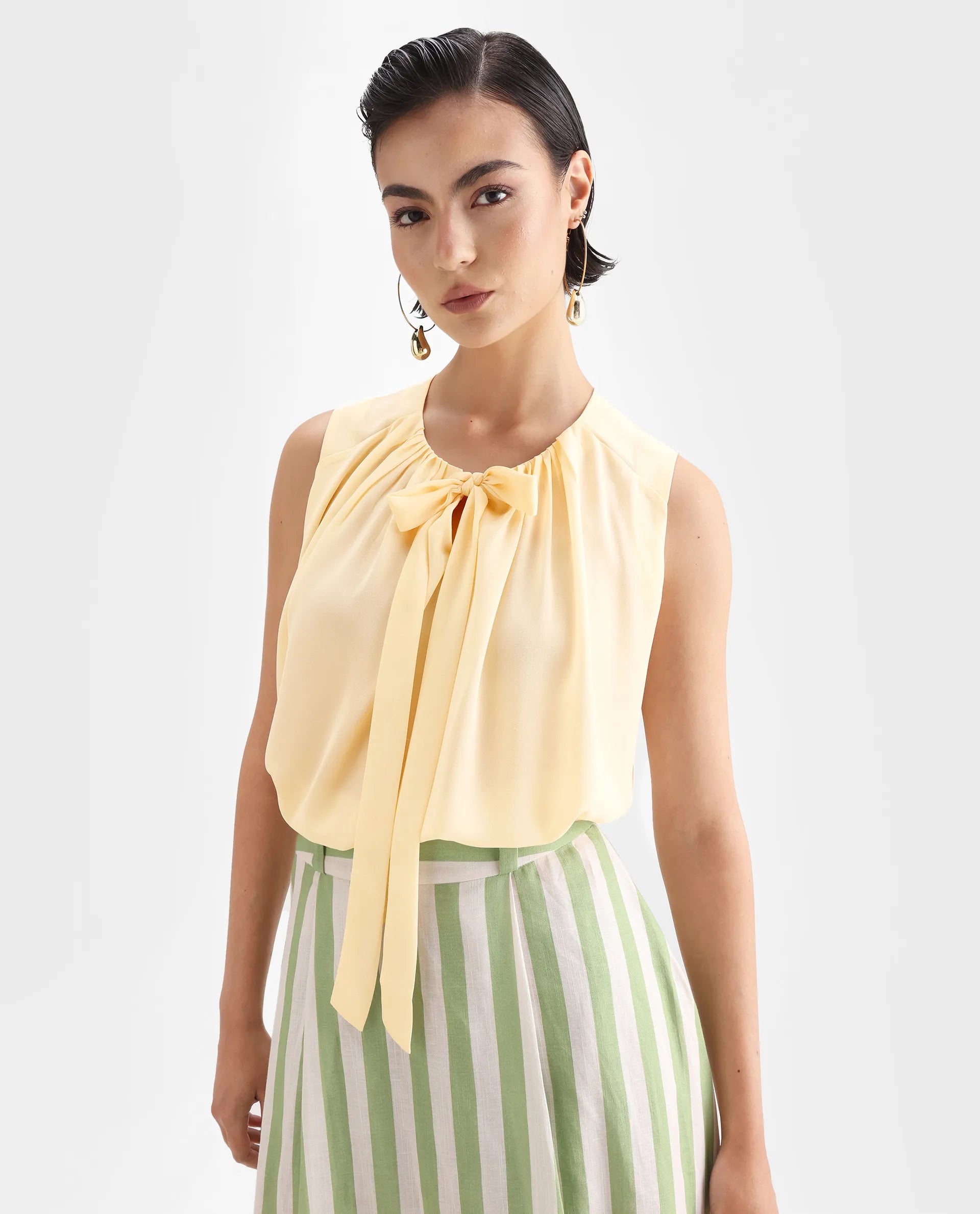 Rareism Women's Beverly Beige Polyester Tie-Up Neck Plain Sleeveless Relaxed Fit Top