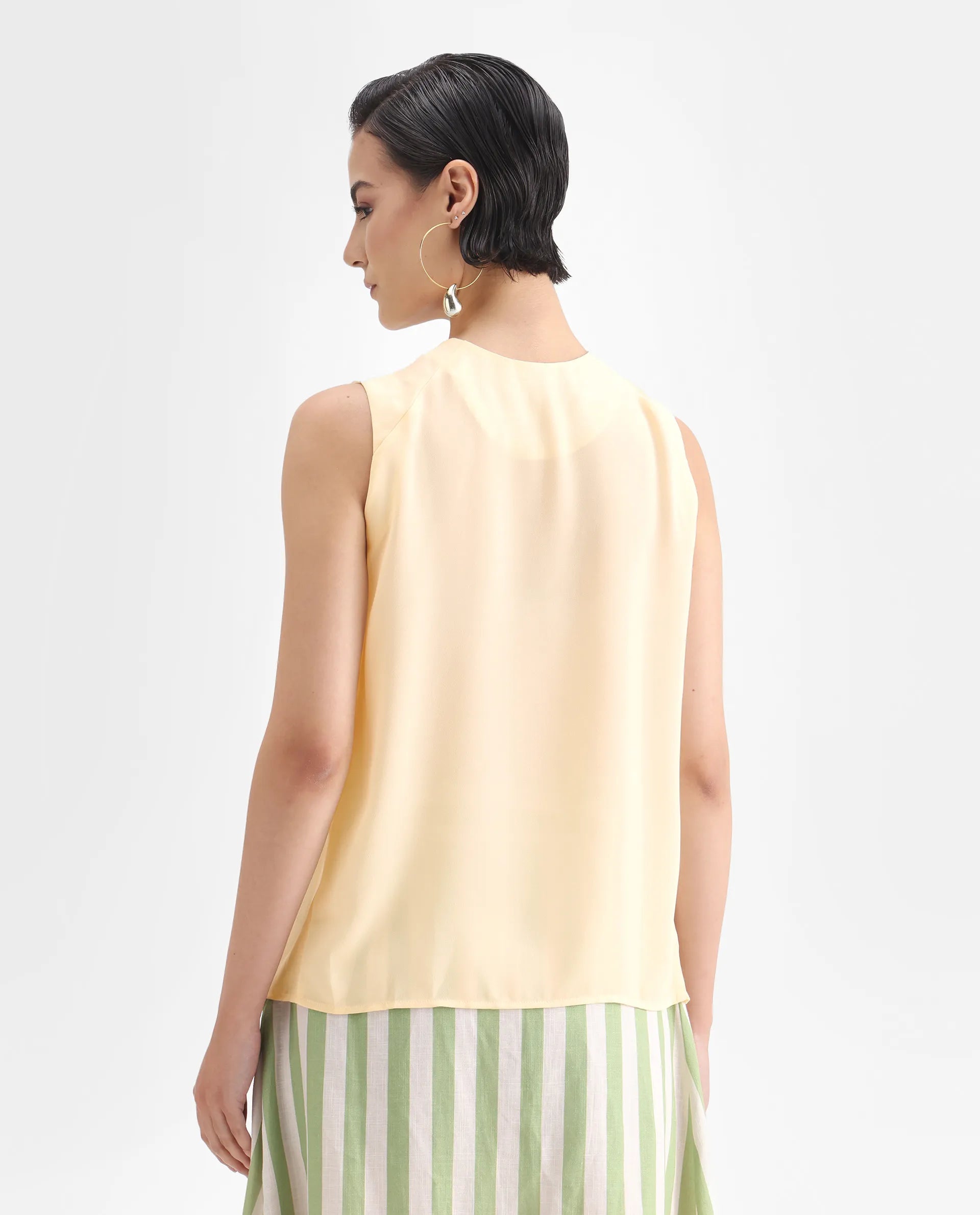 Rareism Women's Beverly Beige Polyester Tie-Up Neck Plain Sleeveless Relaxed Fit Top