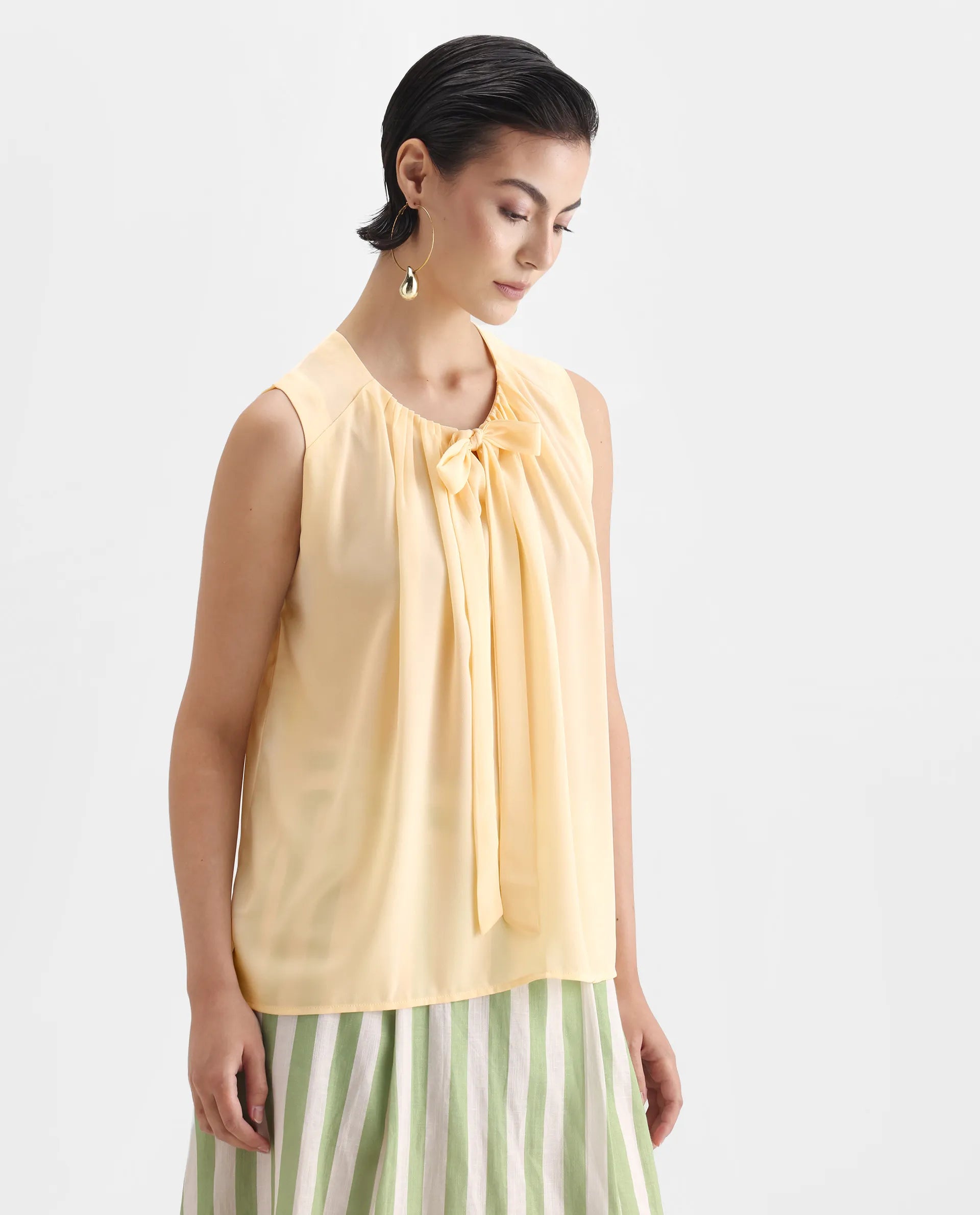 Rareism Women's Beverly Beige Polyester Tie-Up Neck Plain Sleeveless Relaxed Fit Top