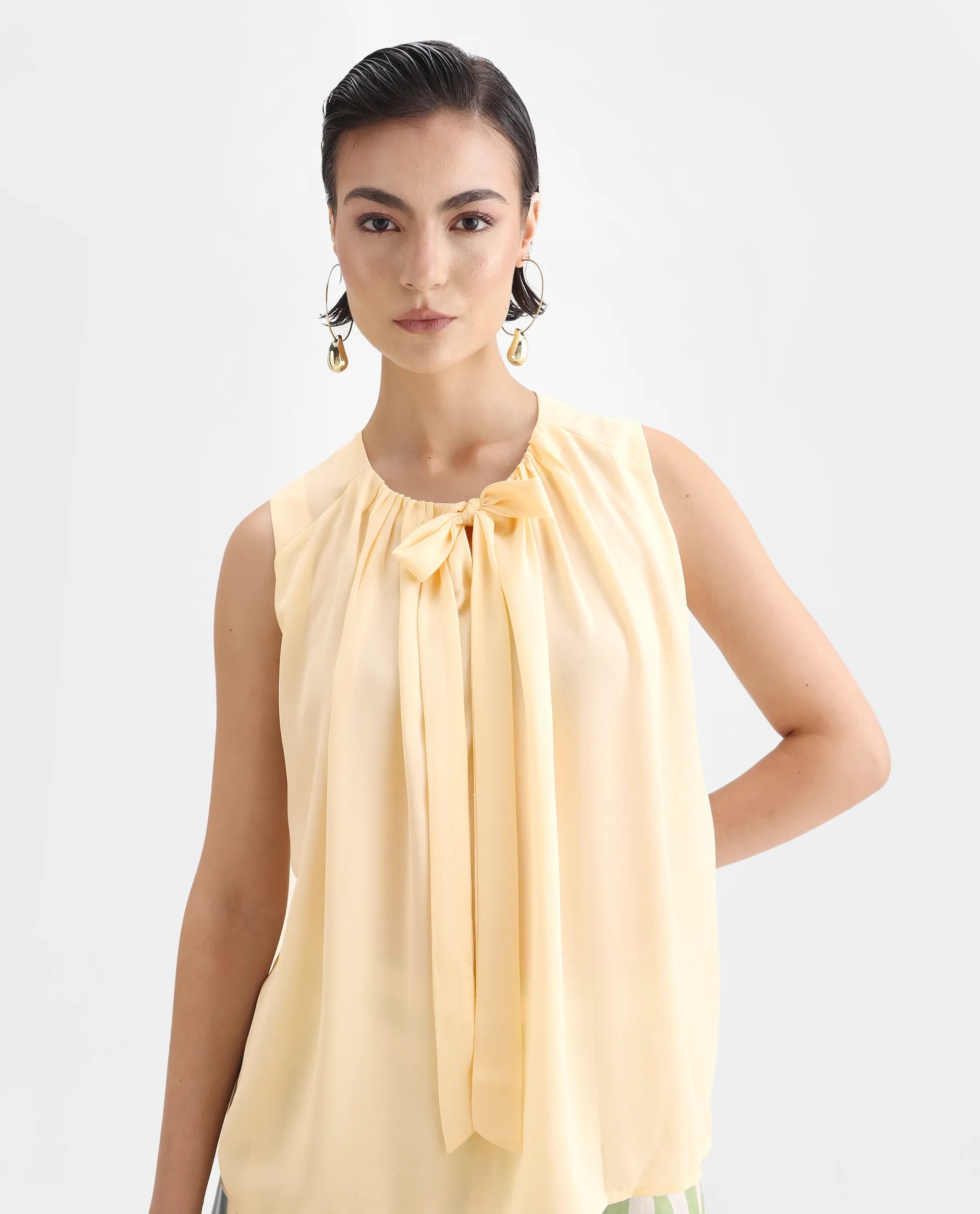 Rareism Women's Beverly Beige Polyester Tie-Up Neck Plain Sleeveless Relaxed Fit Top