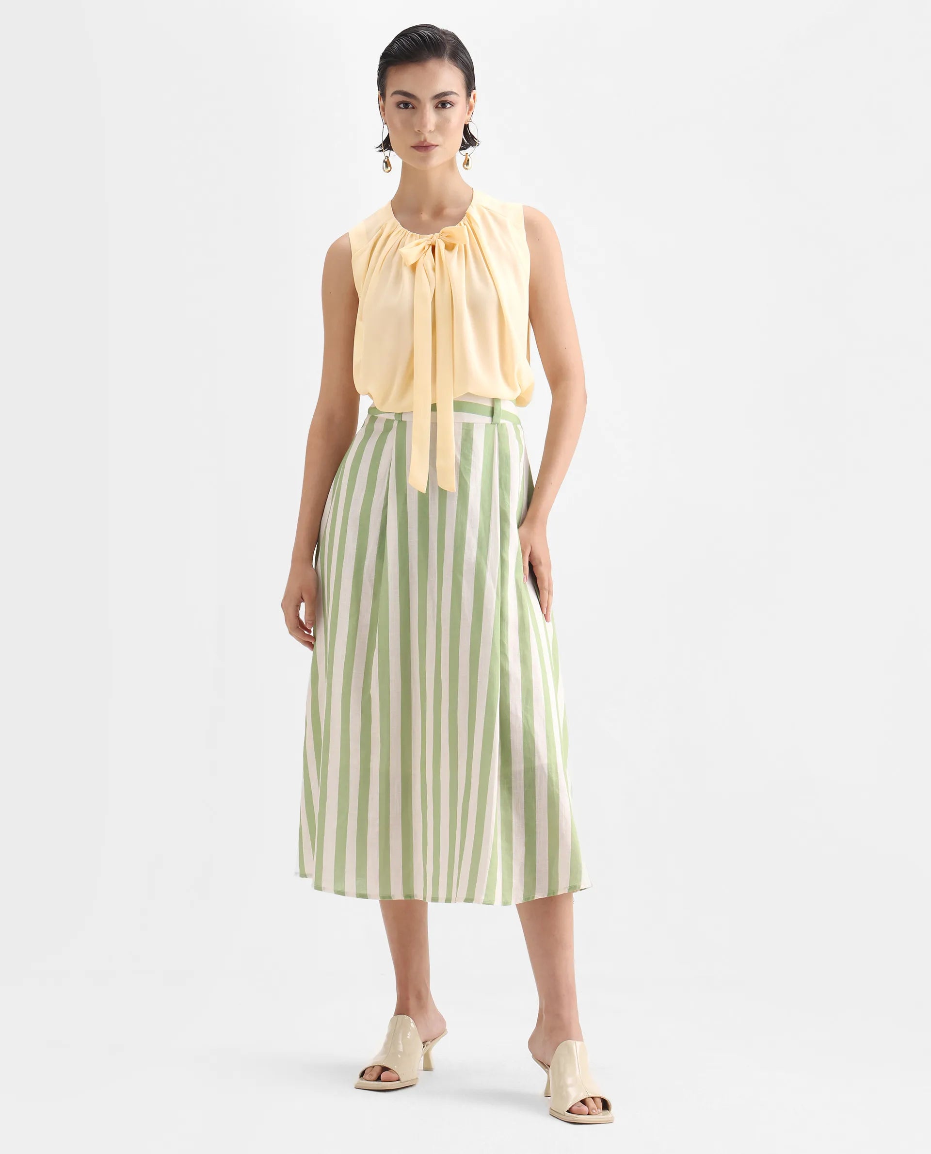 Rareism Women's Beverly Beige Polyester Tie-Up Neck Plain Sleeveless Relaxed Fit Top