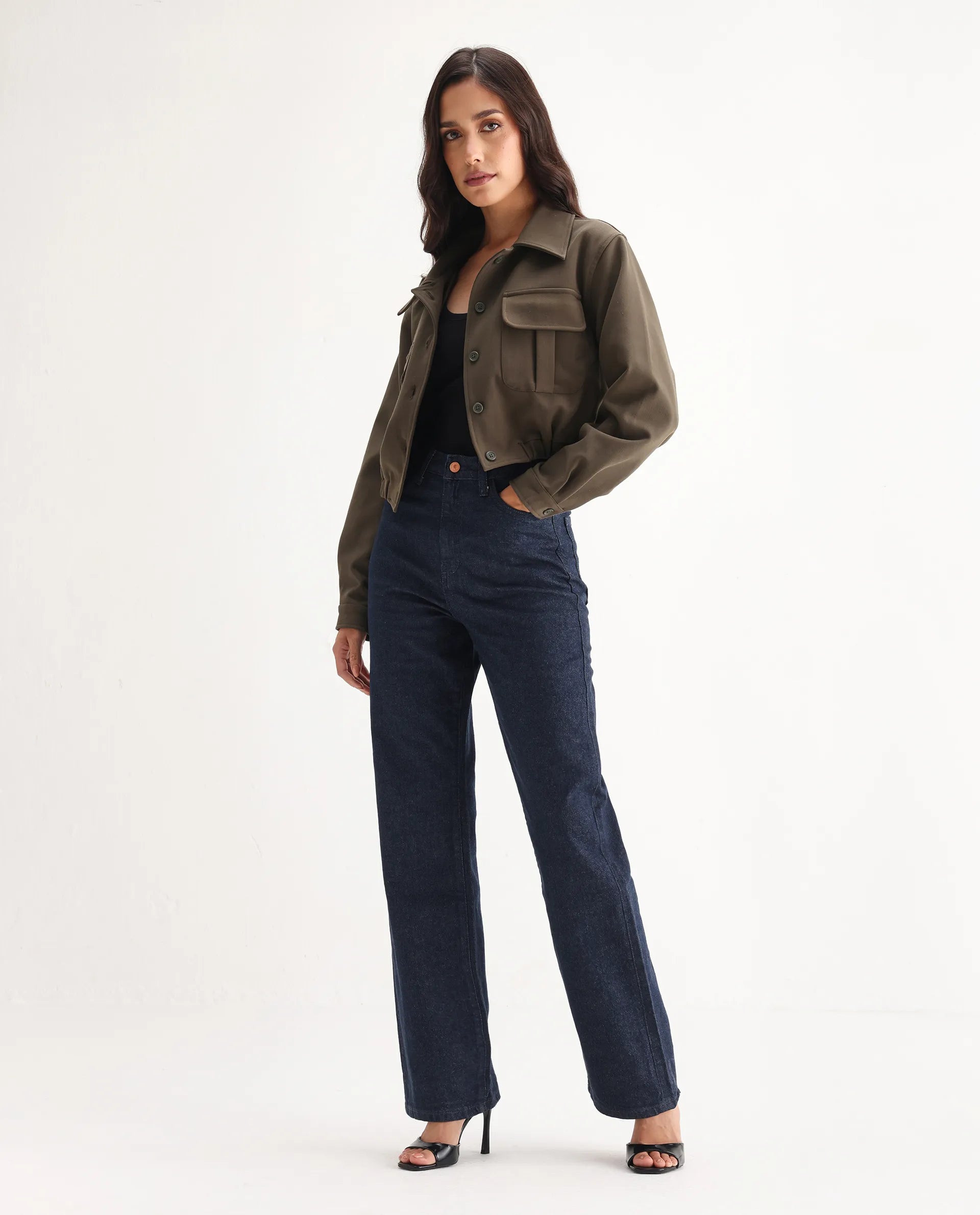 Rareism Women's Bewak Dark Blue Cotton Blend Plain Ankle Length Smart Straight Fit Jeans