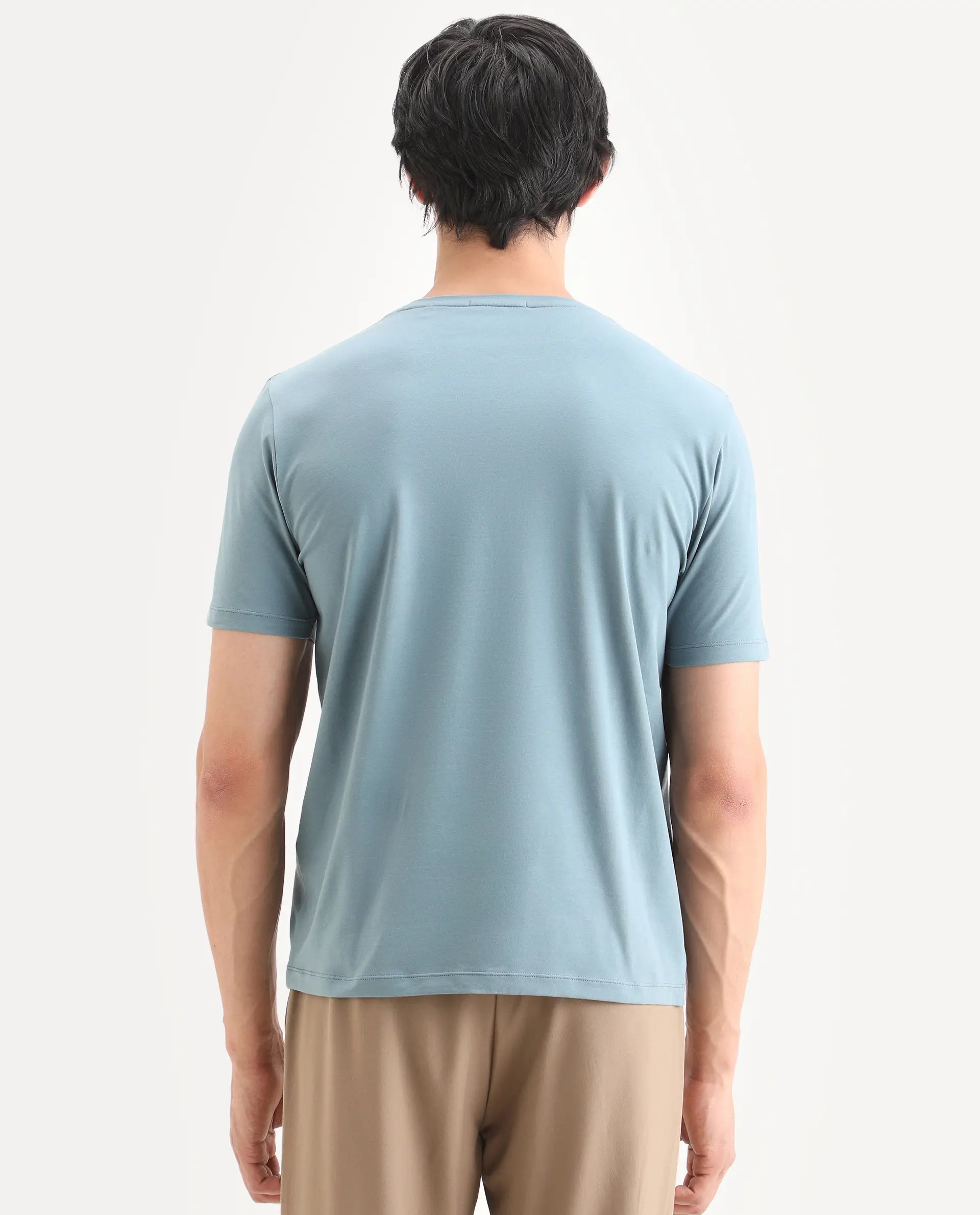 Rare Rabbit Men's Bex Dusky Blue Cotton Blend Fabric Half Sleeve Crew Neck Regular Fit Graphic Print T-Shirt