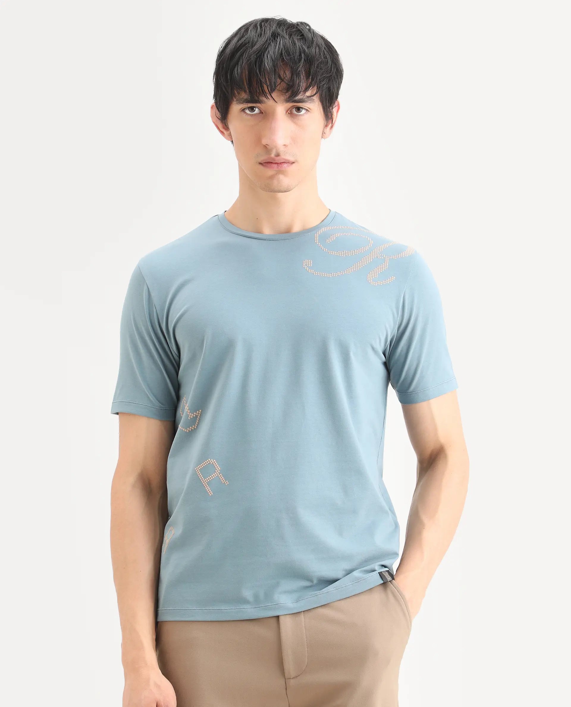 Rare Rabbit Men's Bex Dusky Blue Cotton Blend Fabric Half Sleeve Crew Neck Regular Fit Graphic Print T-Shirt