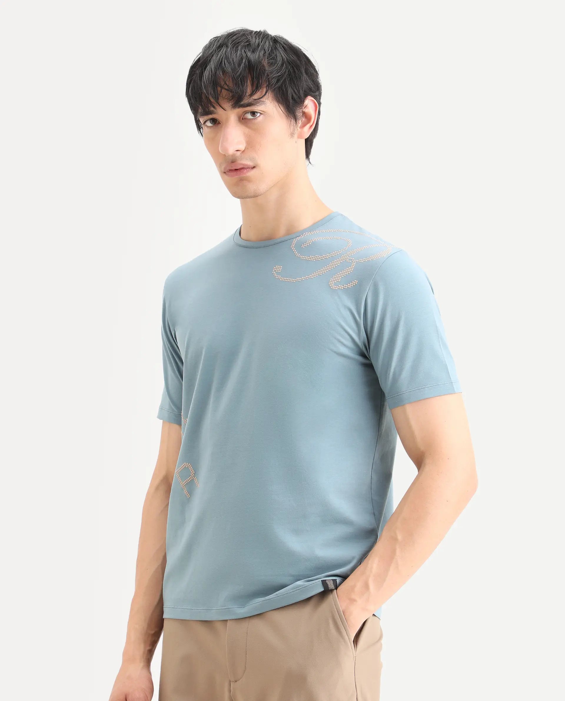 Rare Rabbit Men's Bex Dusky Blue Cotton Blend Fabric Half Sleeve Crew Neck Regular Fit Graphic Print T-Shirt