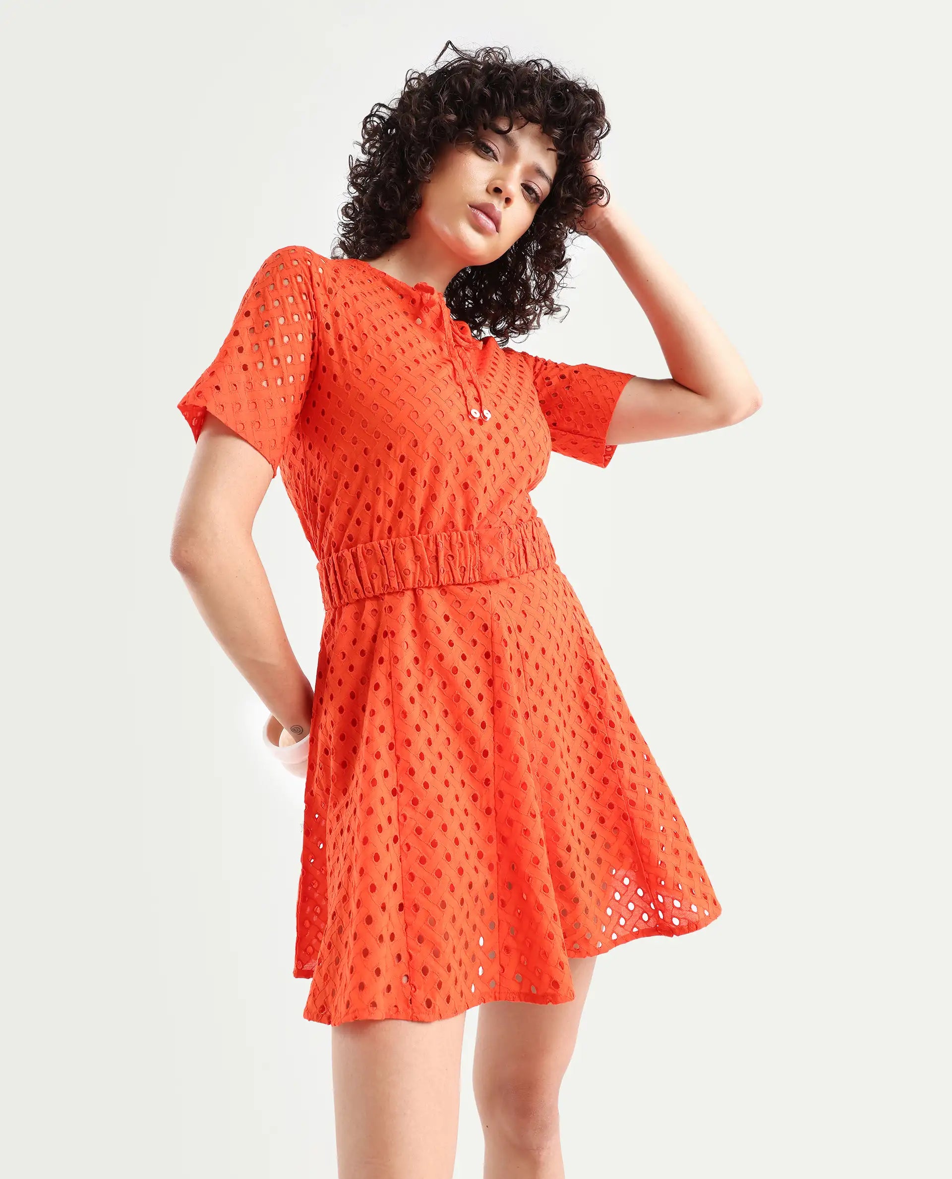 Rareism Women's Bex Orange Cotton Tie-Up Neck Schiffli Knee Length Regular Fit Dress