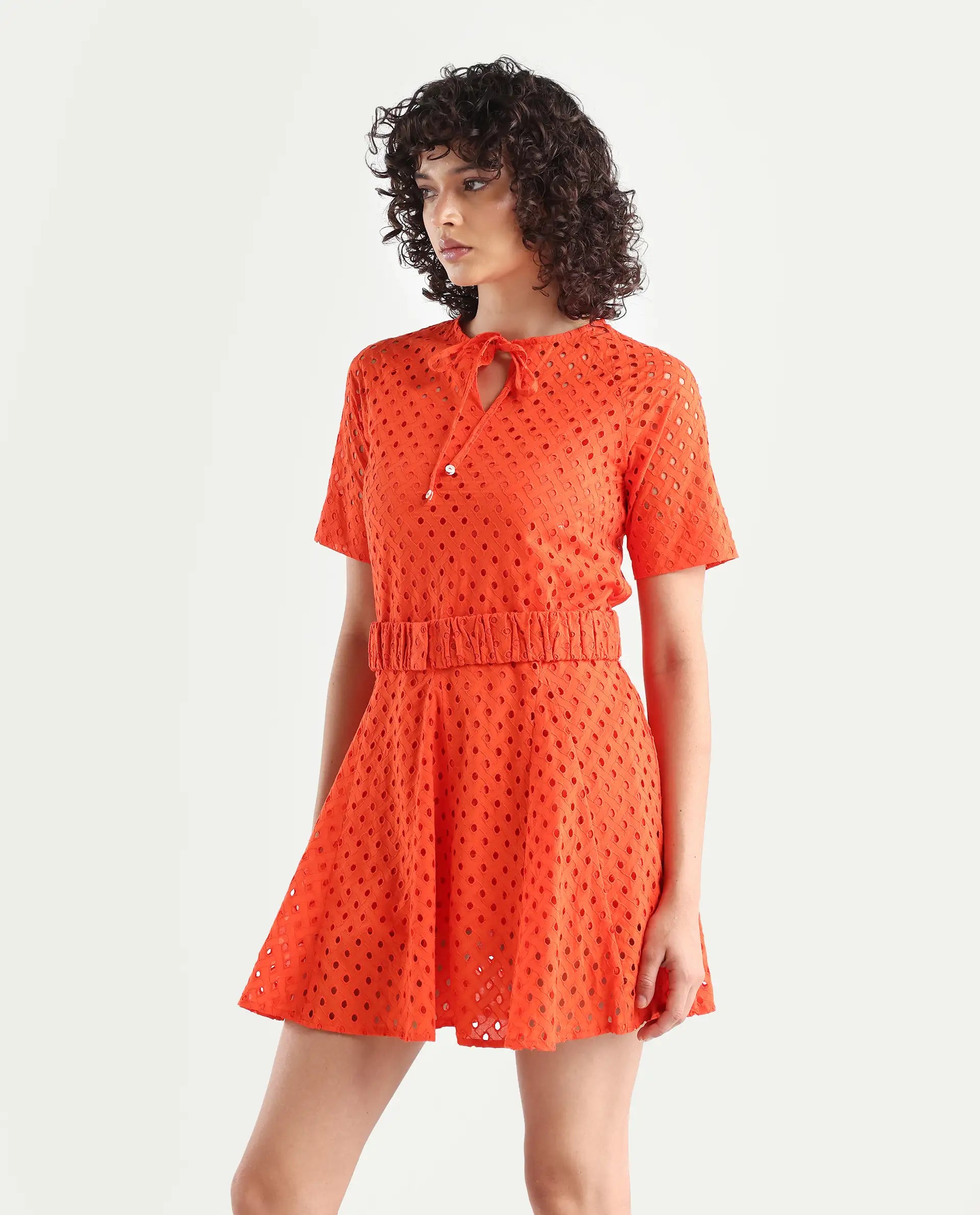 Rareism Women's Bex Orange Cotton Tie-Up Neck Schiffli Knee Length Regular Fit Dress