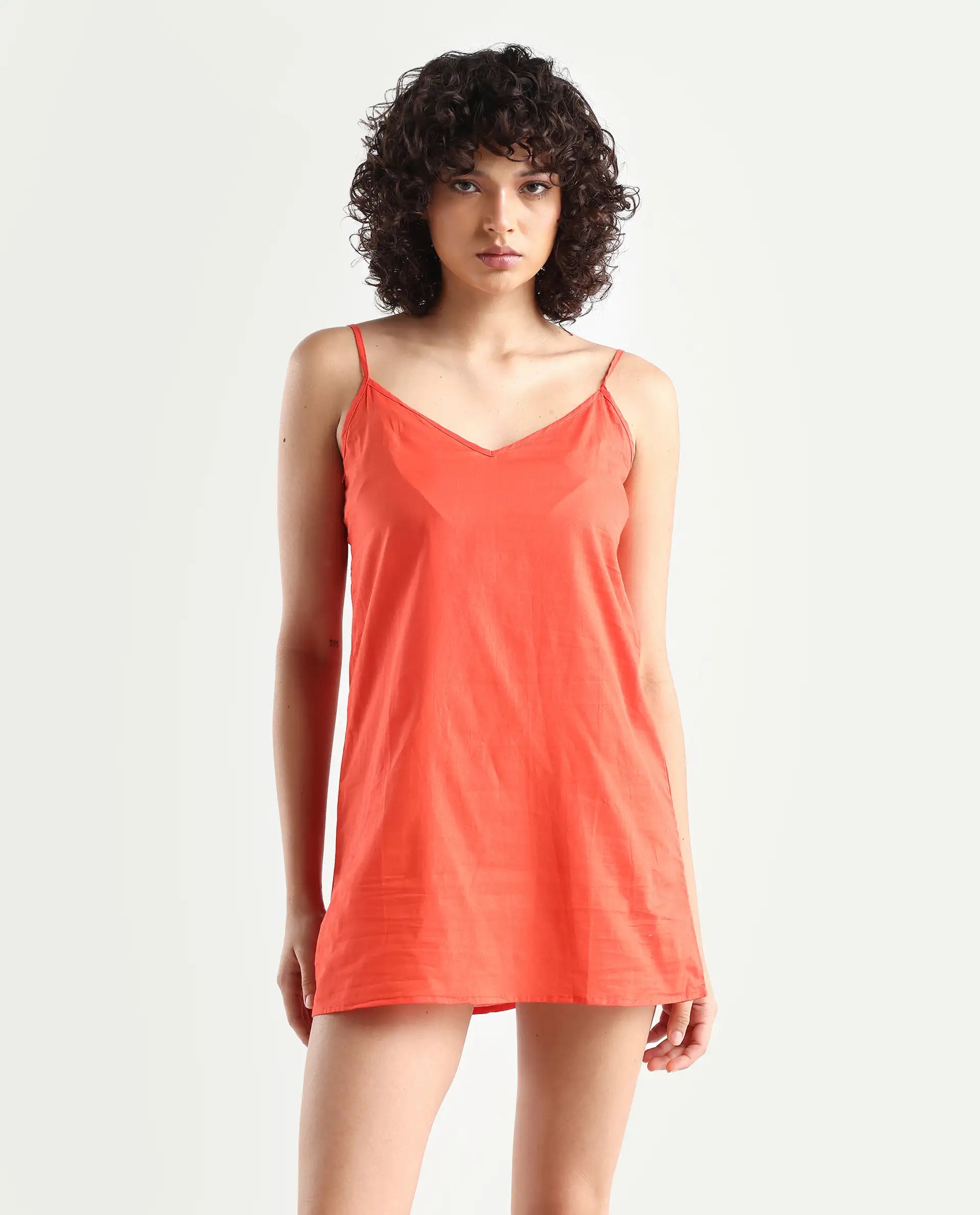 Rareism Women's Bex Orange Cotton Tie-Up Neck Schiffli Knee Length Regular Fit Dress