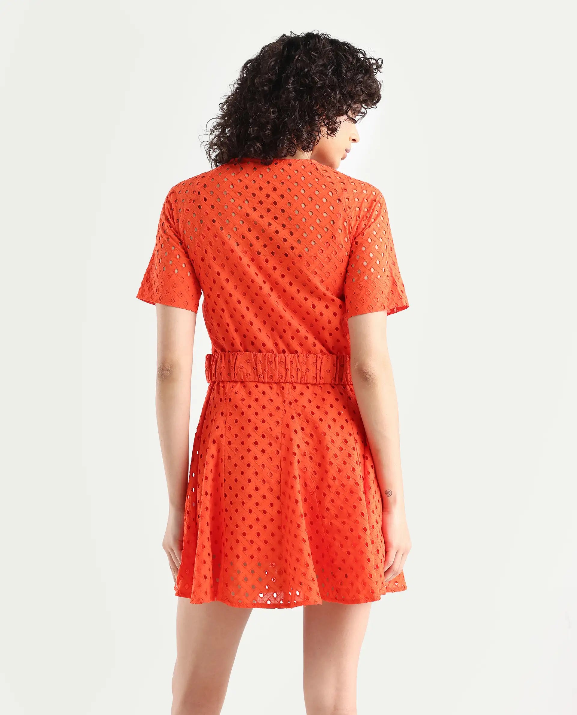 Rareism Women's Bex Orange Cotton Tie-Up Neck Schiffli Knee Length Regular Fit Dress