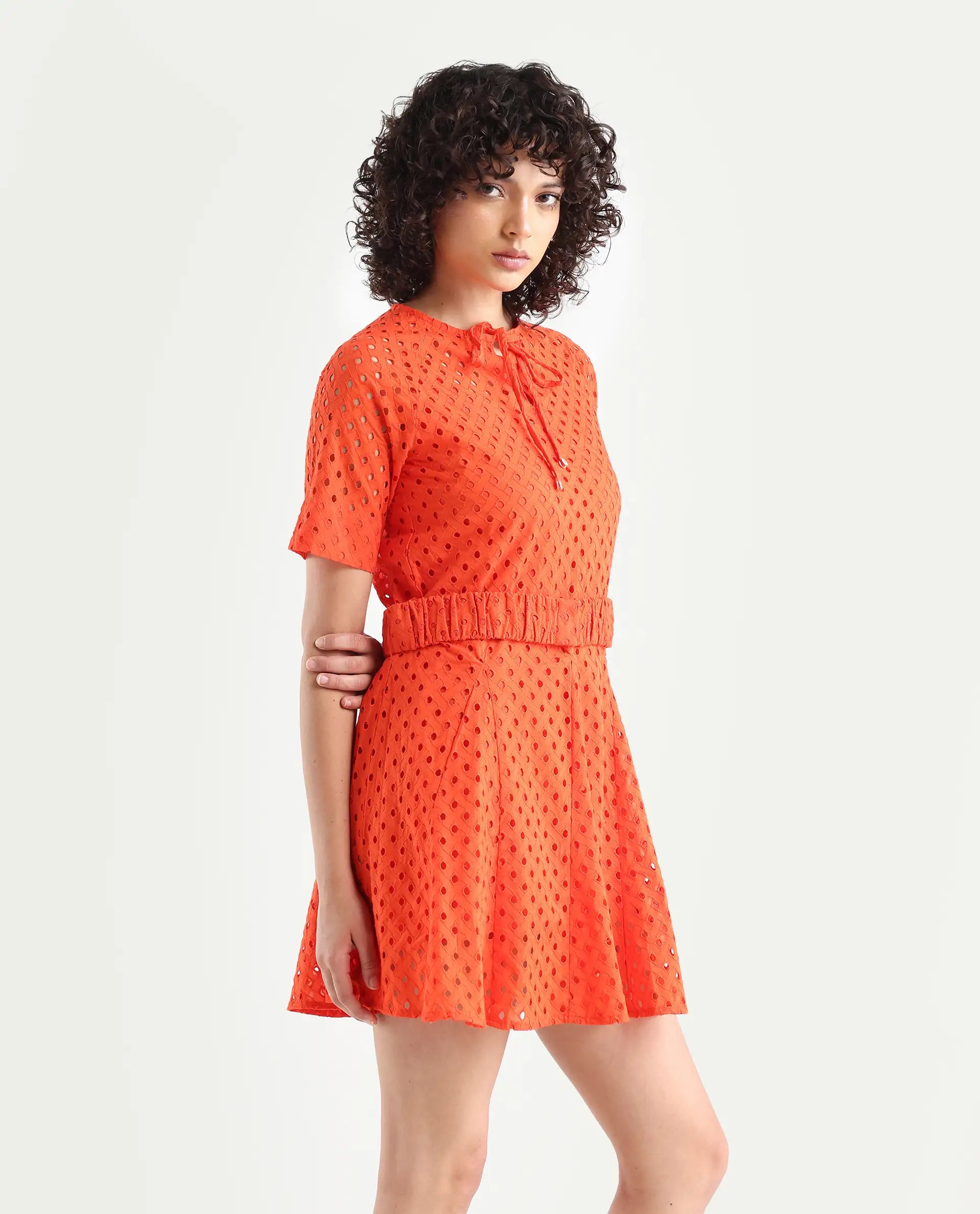 Rareism Women's Bex Orange Cotton Tie-Up Neck Schiffli Knee Length Regular Fit Dress