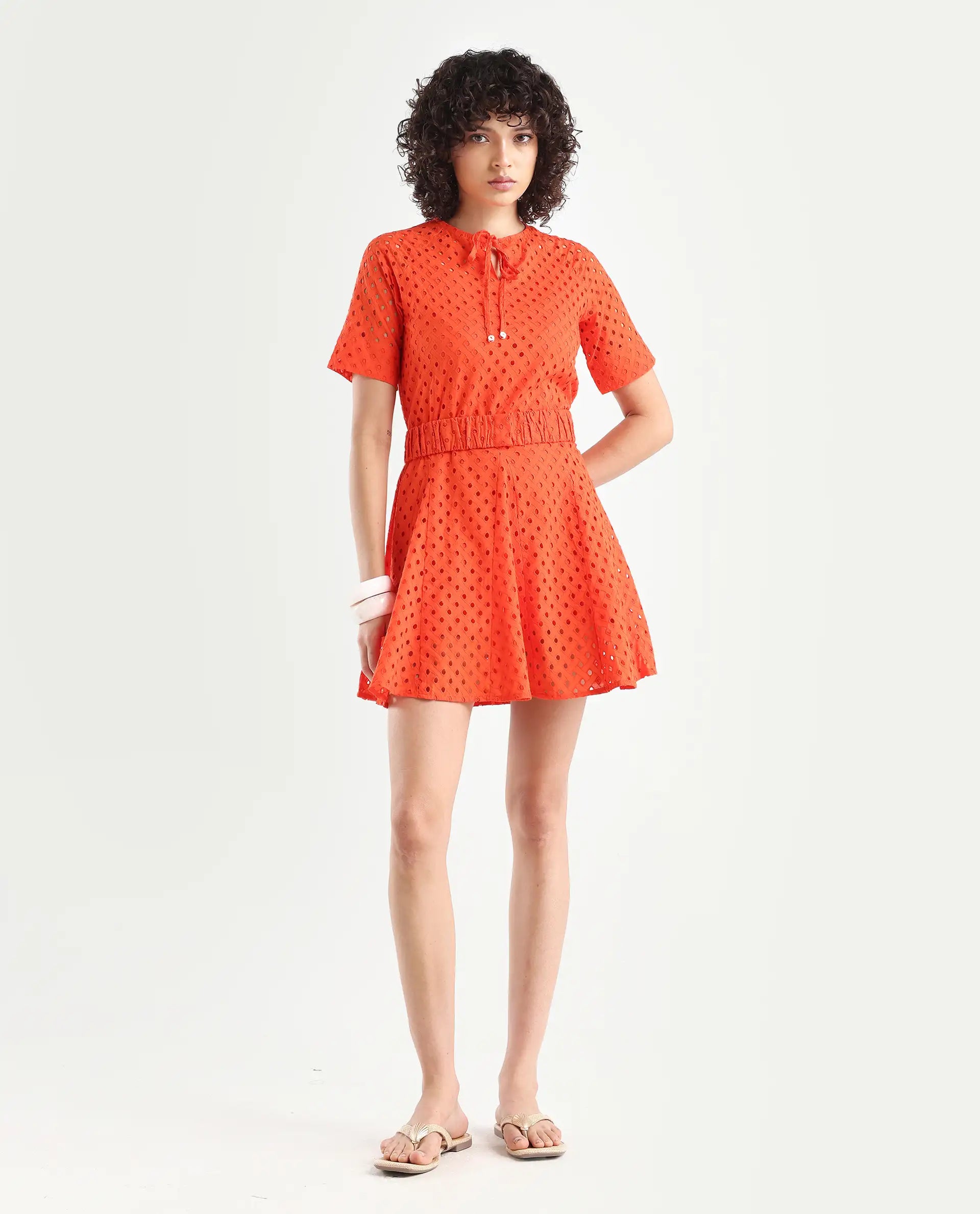 Rareism Women's Bex Orange Cotton Tie-Up Neck Schiffli Knee Length Regular Fit Dress