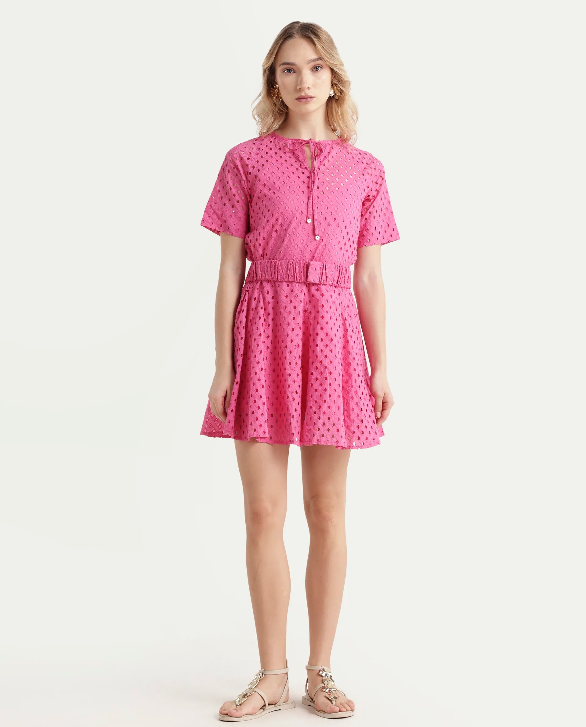 Rareism Women's Bex Pink Cotton Tie-Up Neck Schiffli Knee Length Regular Fit Dress