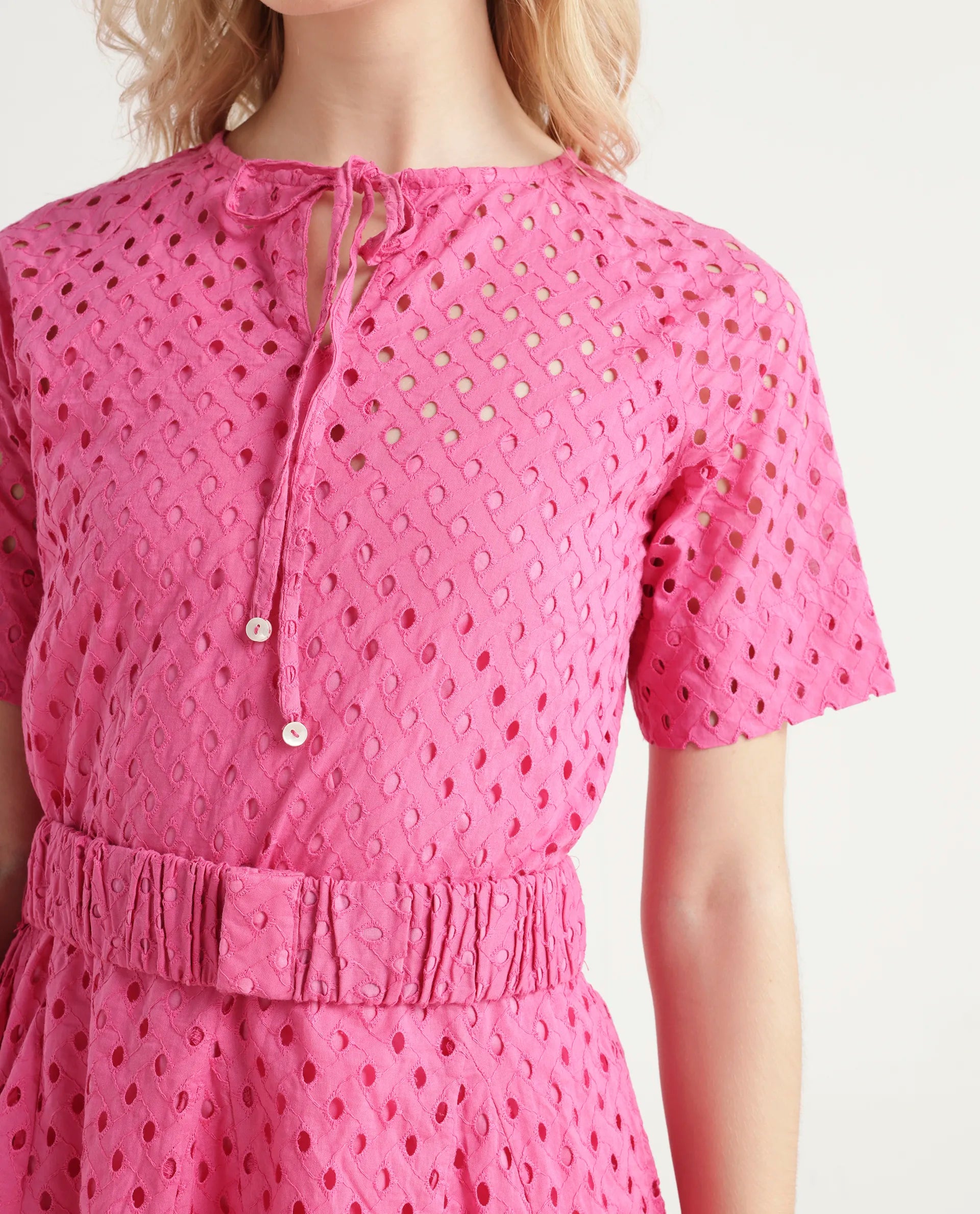 Rareism Women's Bex Pink Cotton Tie-Up Neck Schiffli Knee Length Regular Fit Dress