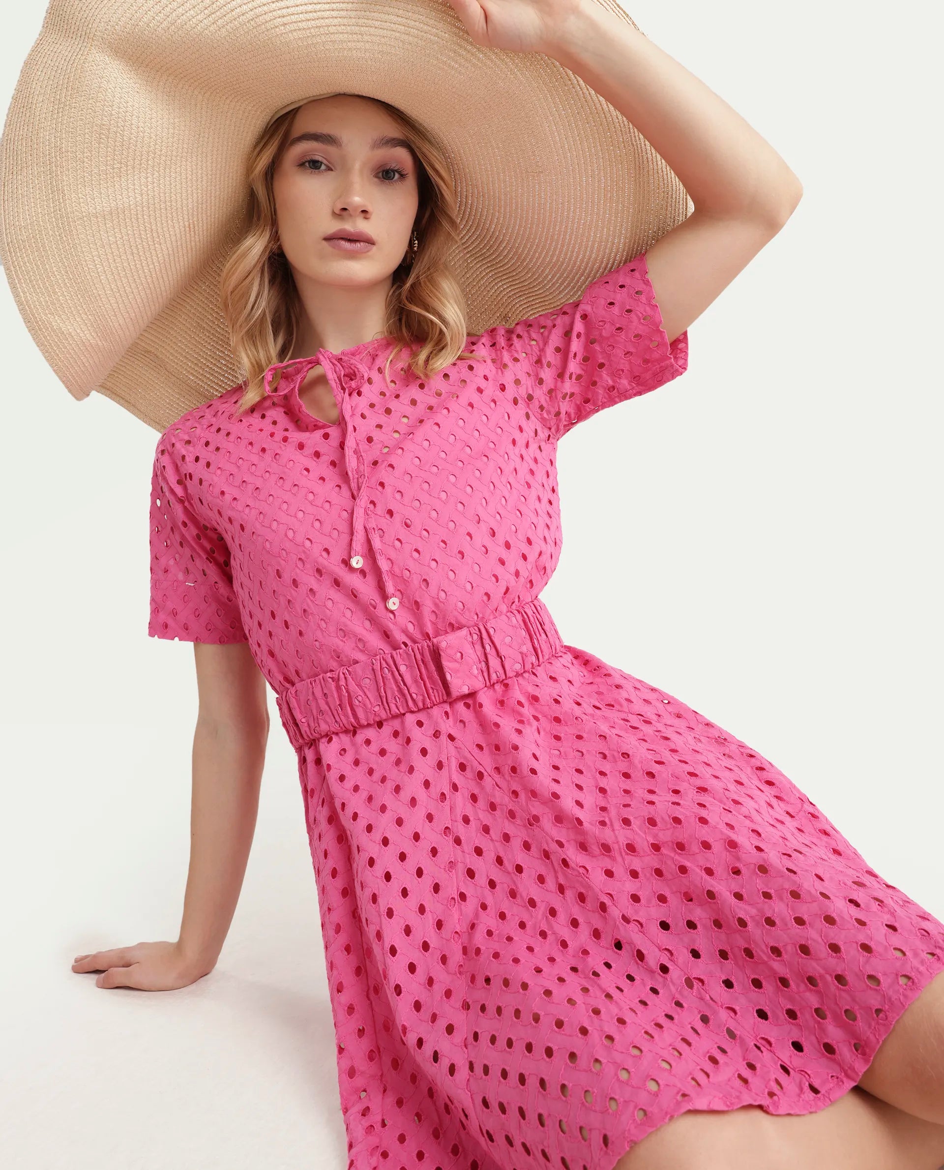 Rareism Women's Bex Pink Cotton Tie-Up Neck Schiffli Knee Length Regular Fit Dress