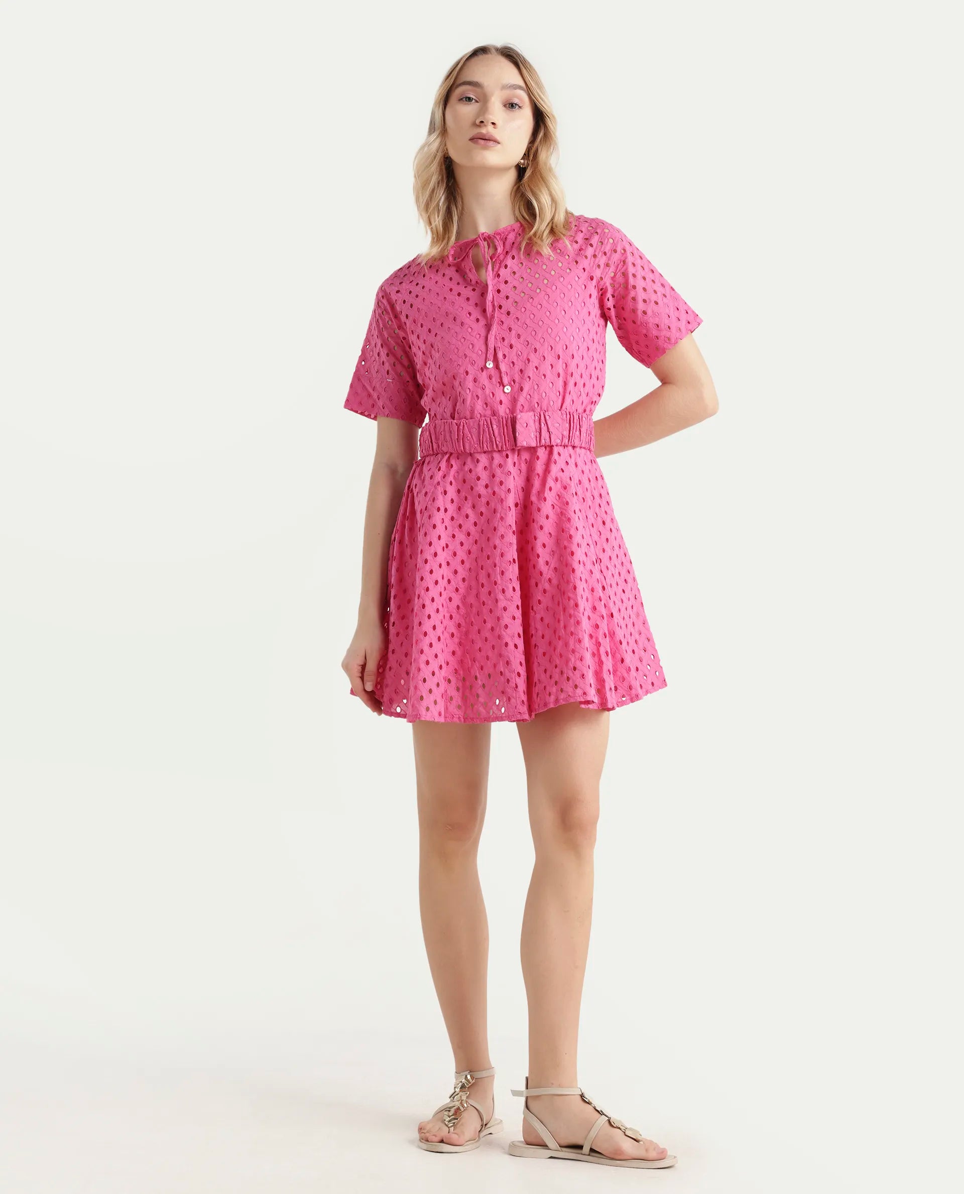 Rareism Women's Bex Pink Cotton Tie-Up Neck Schiffli Knee Length Regular Fit Dress