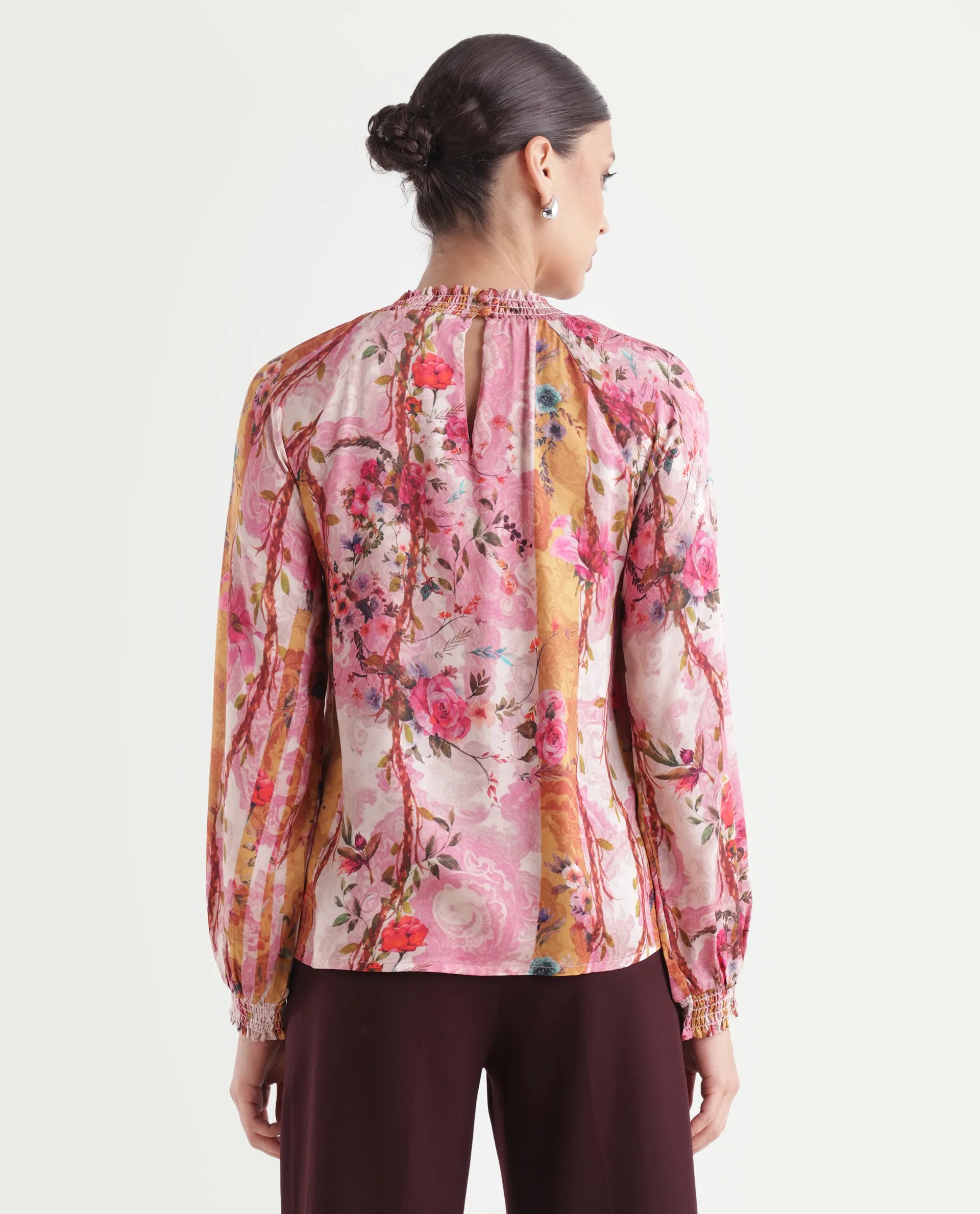 Rareism Women's Bexx Multi Cotton Blend High Neck Floral Print Bishop Sleeve Regular Fit Top