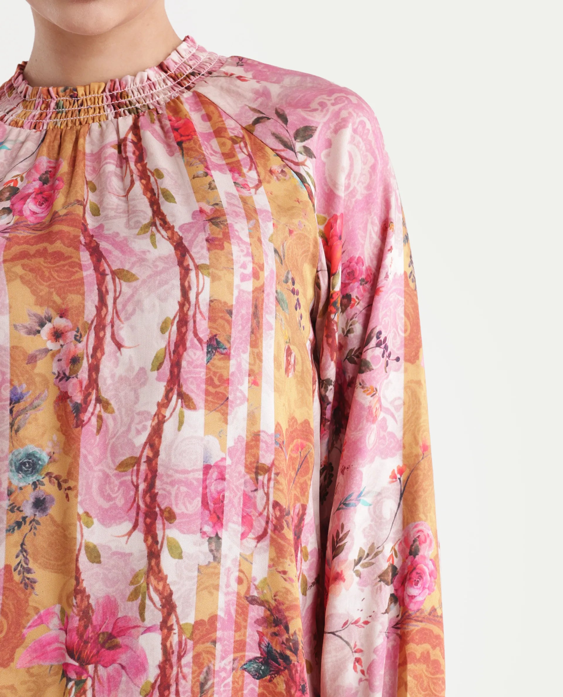 Rareism Women's Bexx Multi Cotton Blend High Neck Floral Print Bishop Sleeve Regular Fit Top