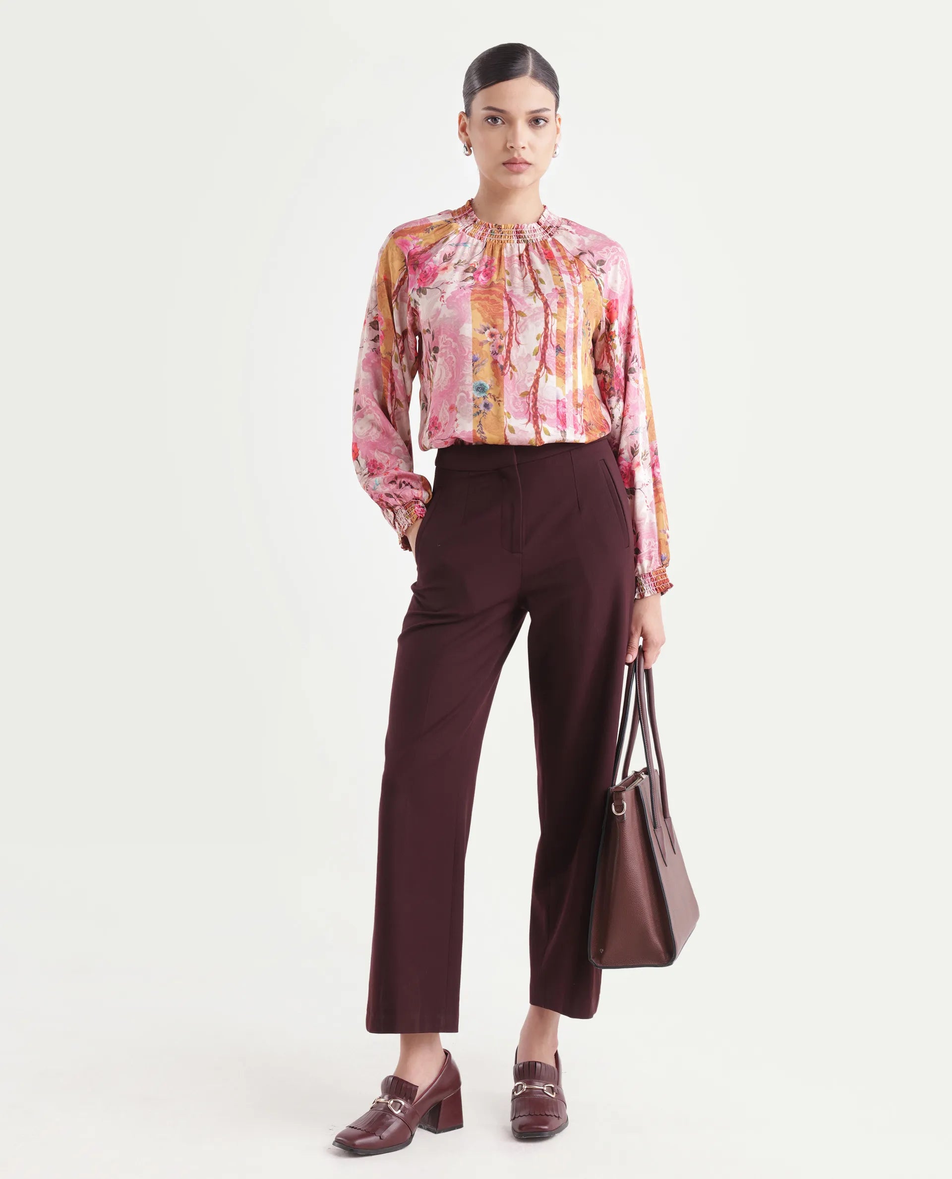 Rareism Women's Bexx Multi Cotton Blend High Neck Floral Print Bishop Sleeve Regular Fit Top