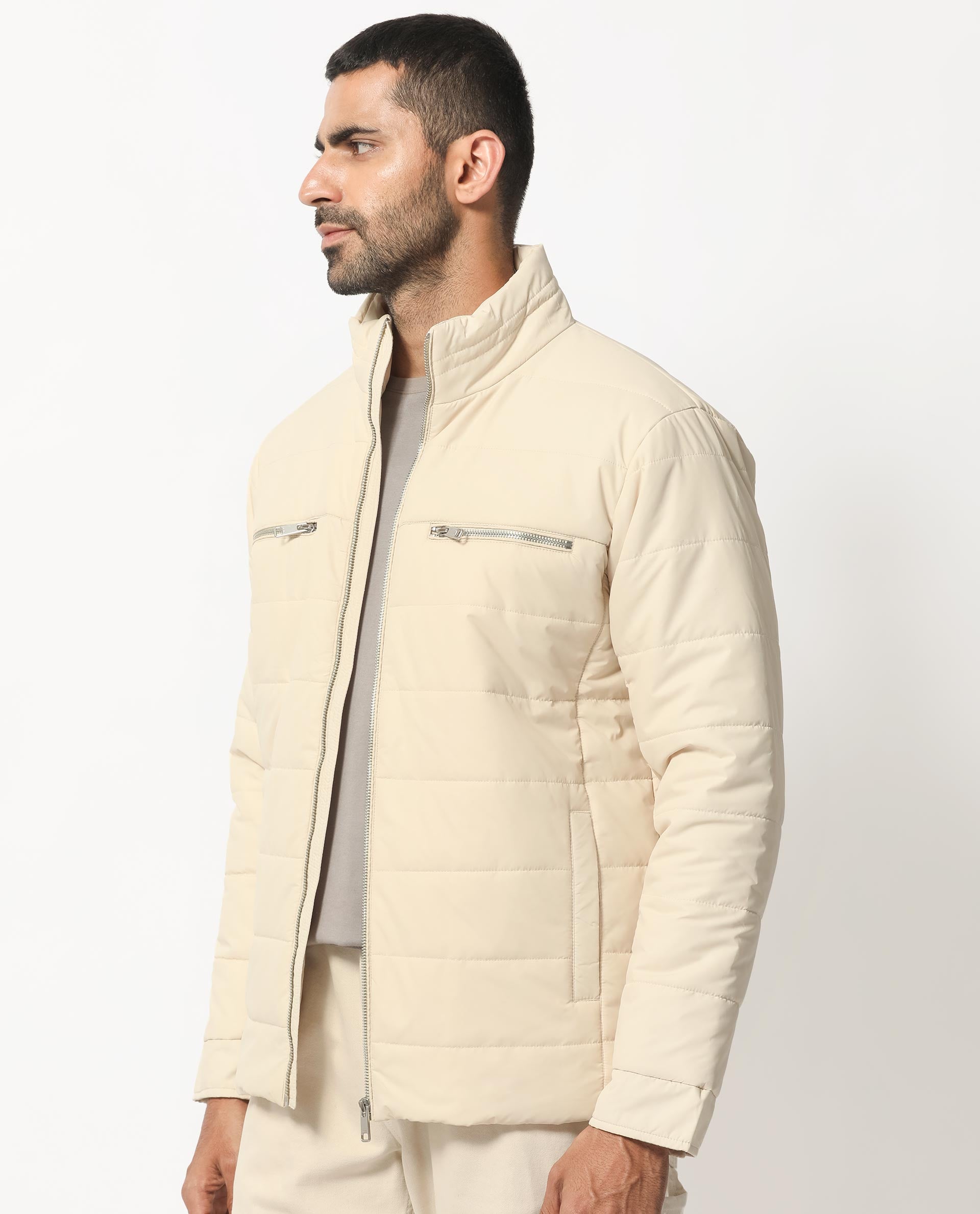 Rare Rabbit Men's Beylor Light Beige Plain High Neck Puffer Jacket