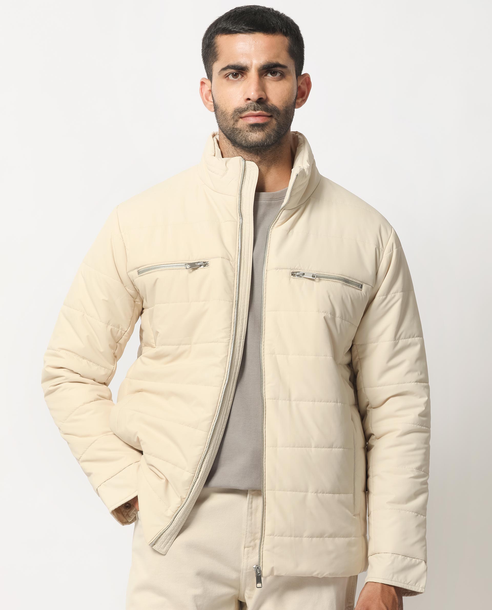 Rare Rabbit Men's Beylor Light Beige Plain High Neck Puffer Jacket