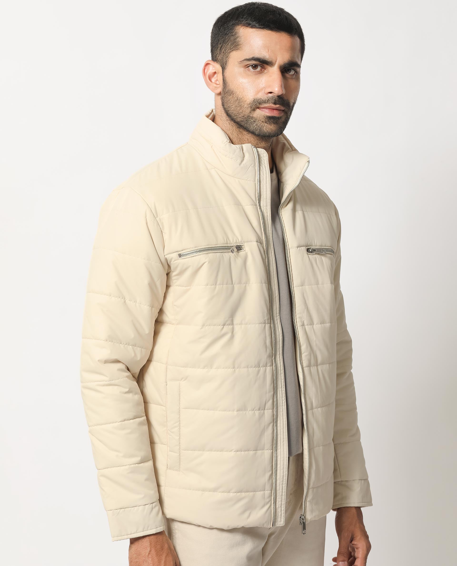 Rare Rabbit Men's Beylor Light Beige Plain High Neck Puffer Jacket