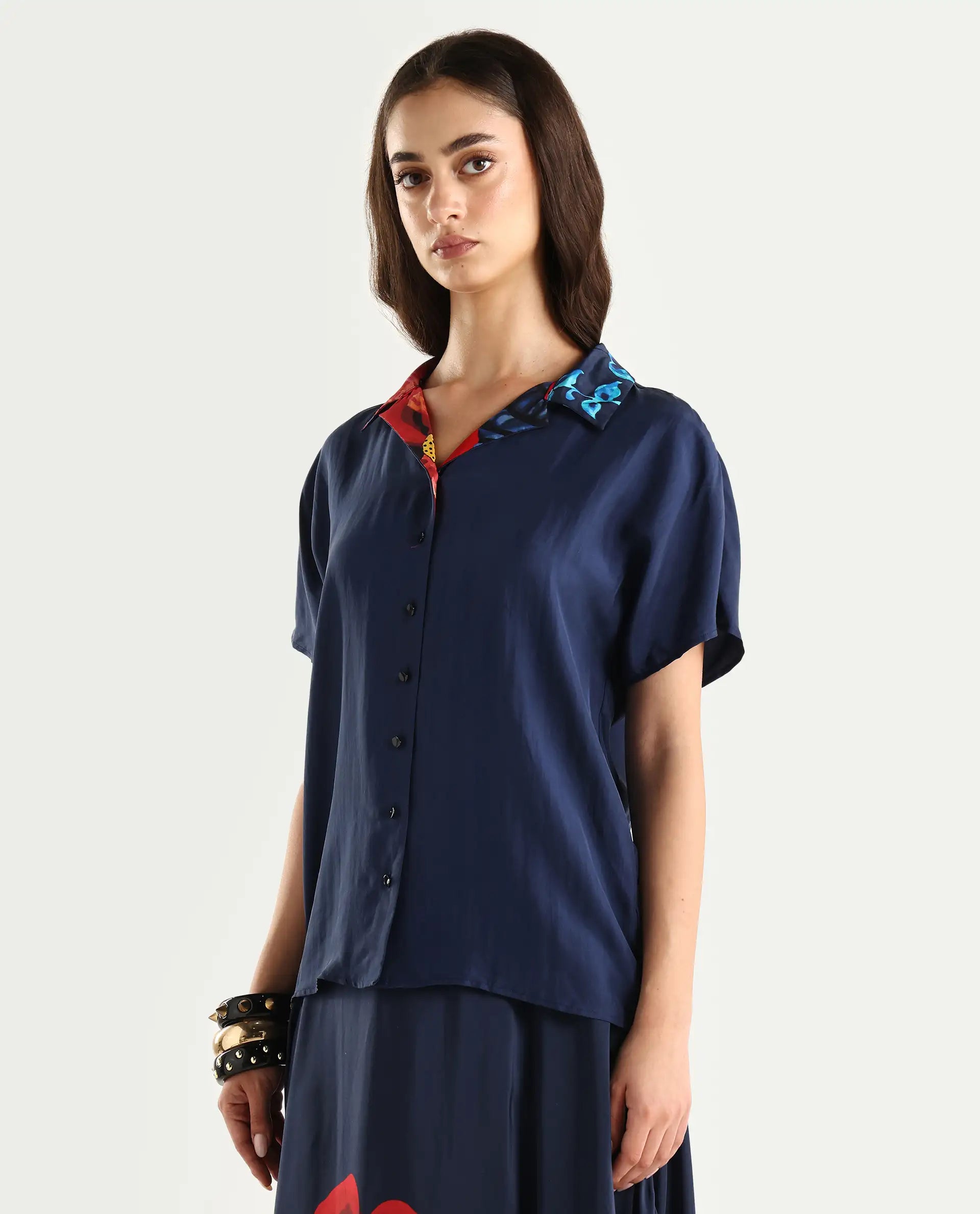 Rareism Women's Bezfa-T Navy Silk Half Sleeve Relaxed Fit Plain Shirt