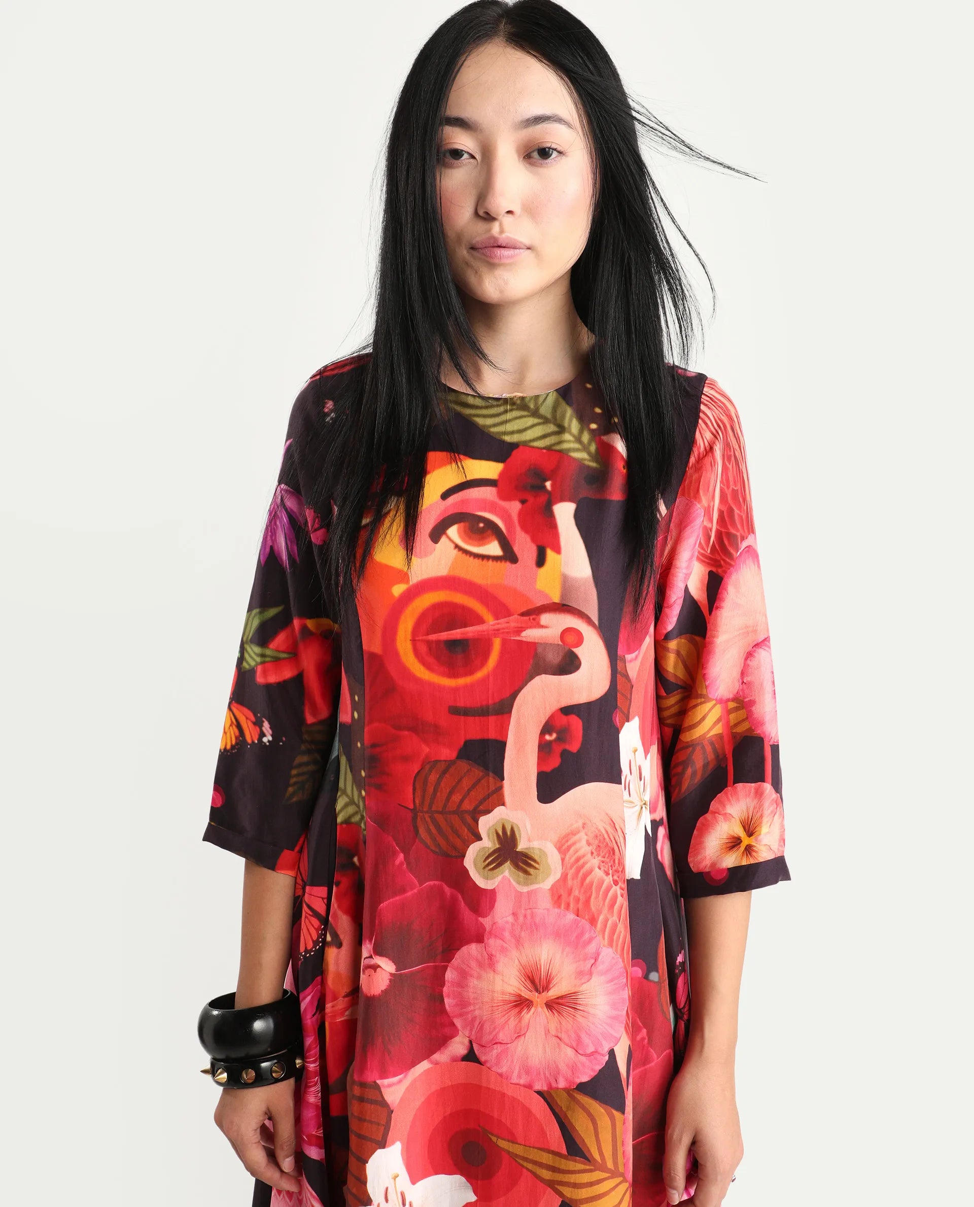 Rareism Women's Bezlin Dark Purple Silk Half Sleeve Relaxed Fit Abstract Print Dress