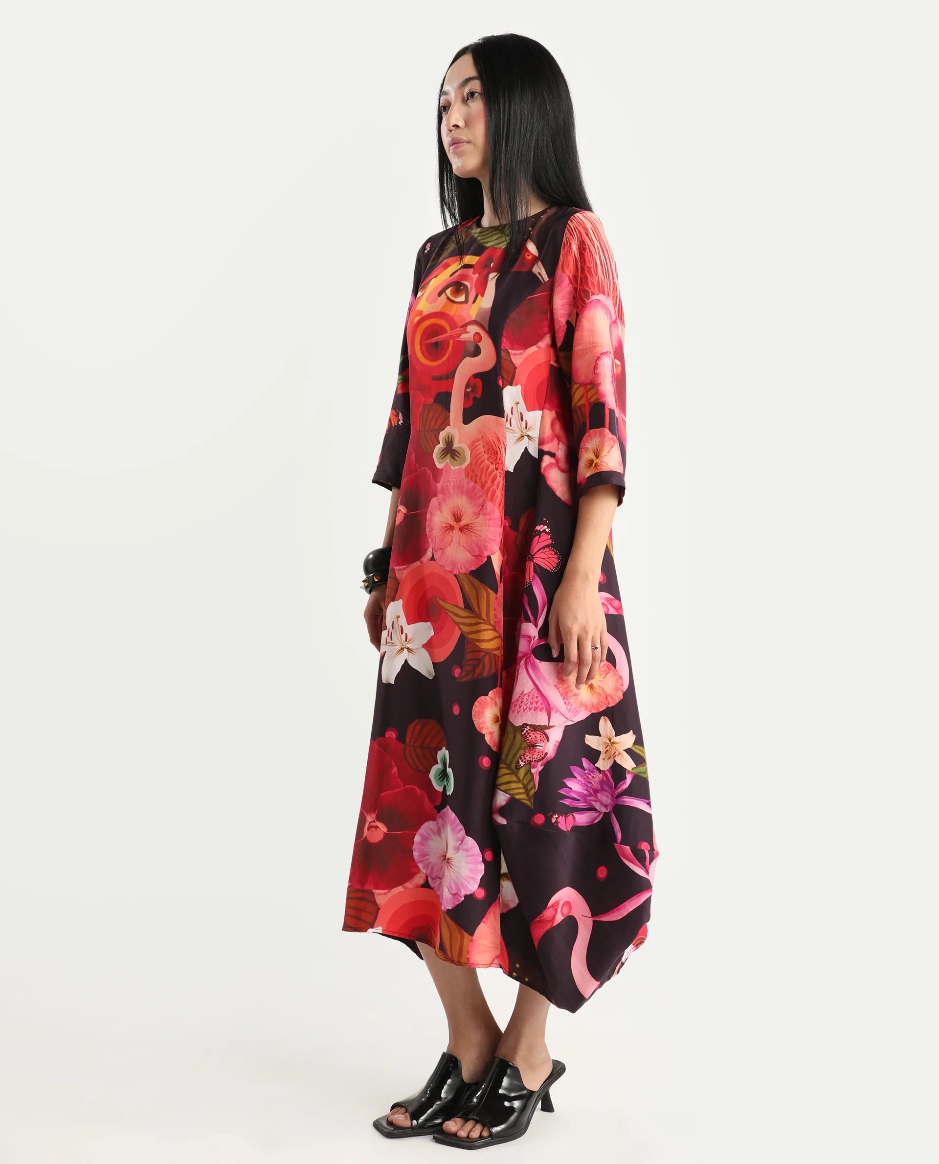 Rareism Women's Bezlin Dark Purple Silk Half Sleeve Relaxed Fit Abstract Print Dress