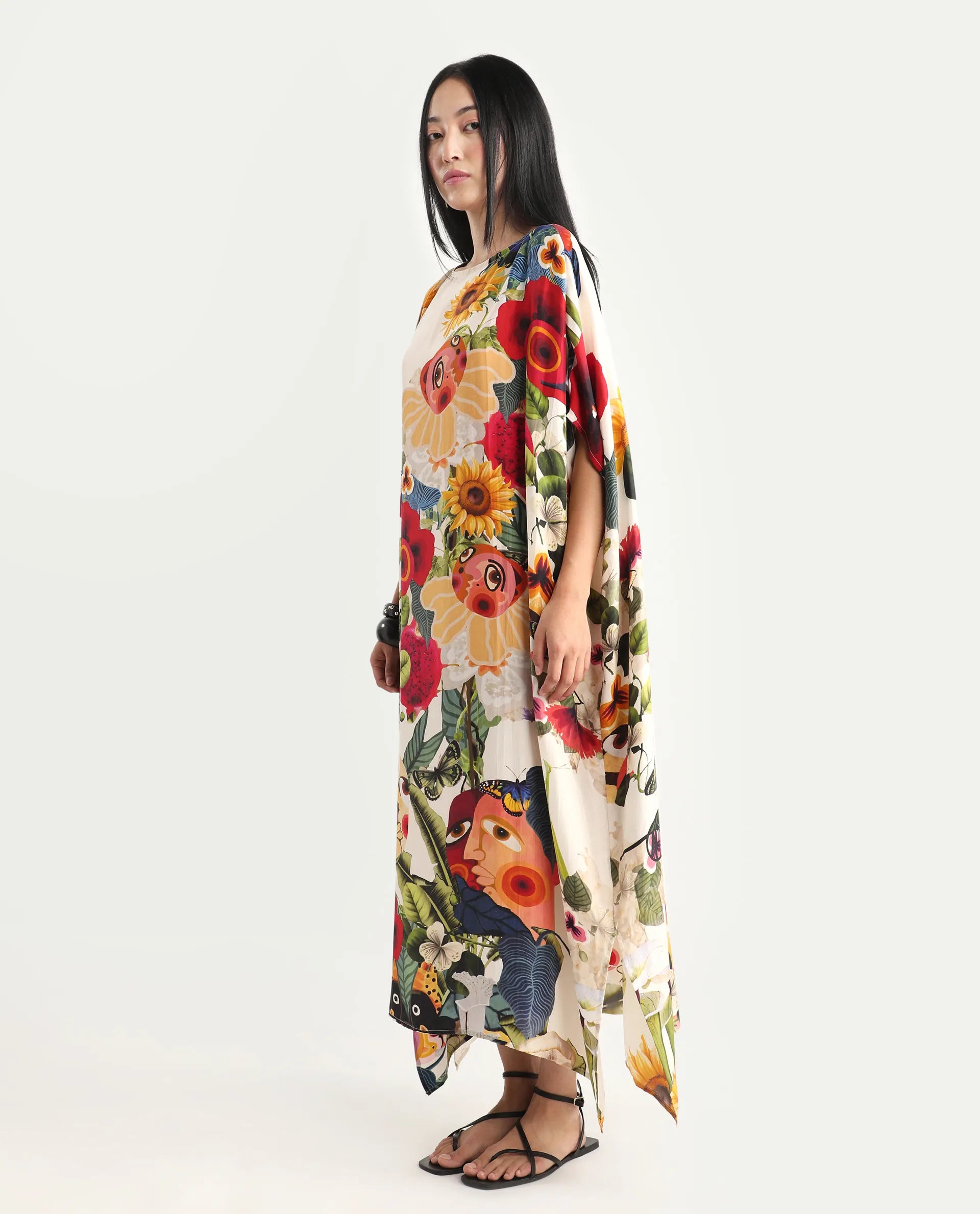 Rareism Women's Bezrea Off White Silk 3/4Th Sleeve Kaftan Abstract Print Dress