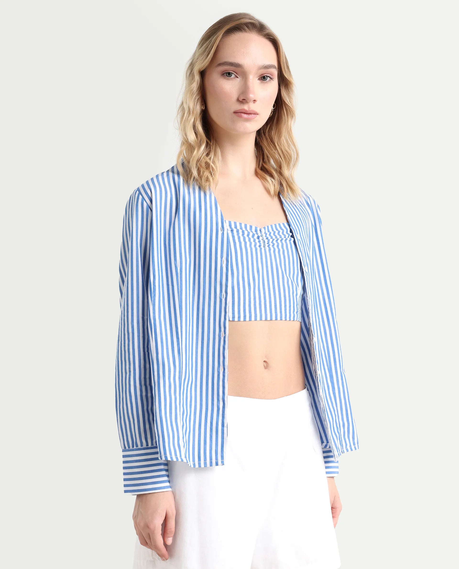 Rareism Women's Bhacan Blue Polyester V-Neck Striped Cuffed Sleeve Relaxed Fit Shirt