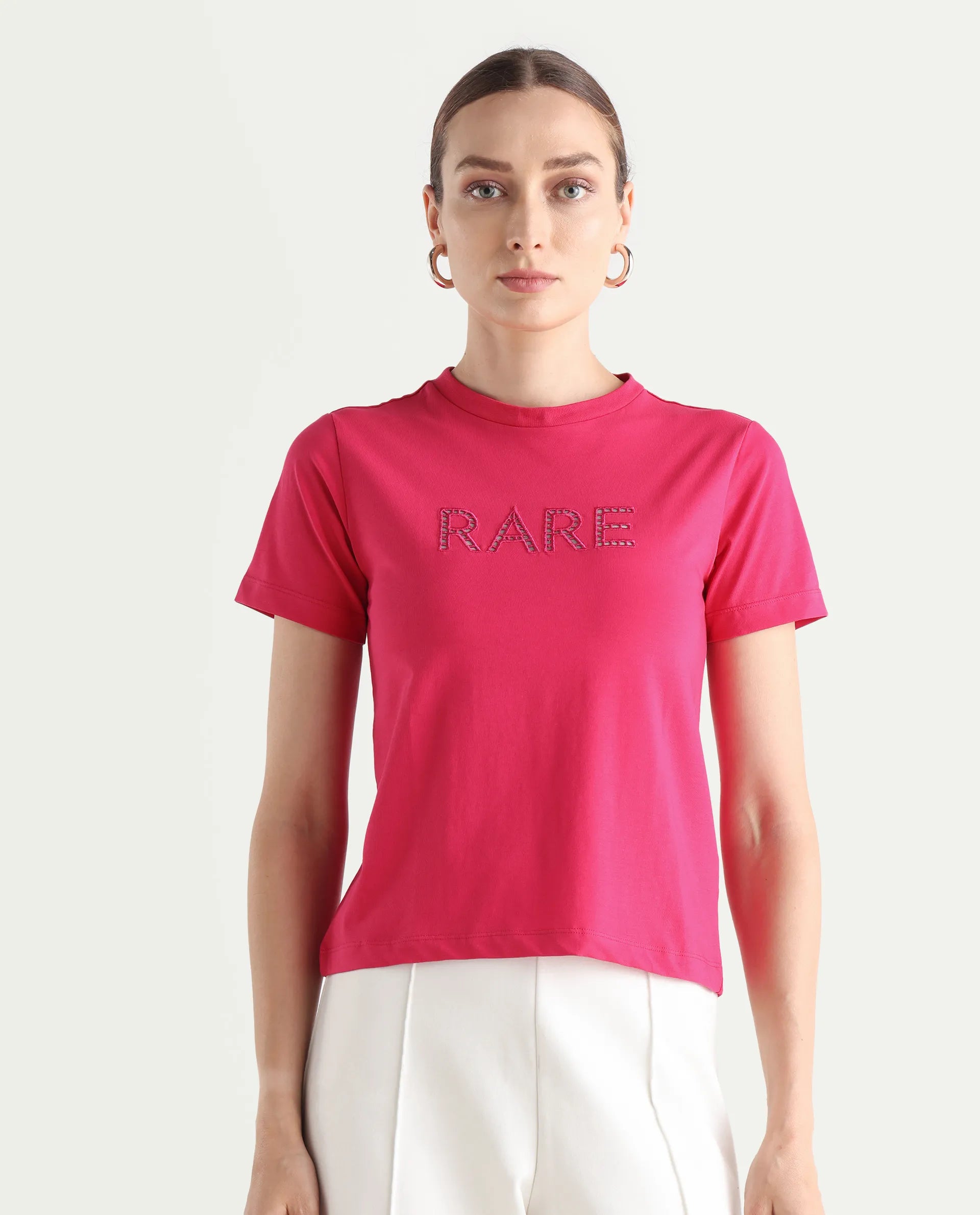 Rareism Women's Bhafi Pink Cotton Blend Crew Neck Typography Print Regular Fit T-Shirt