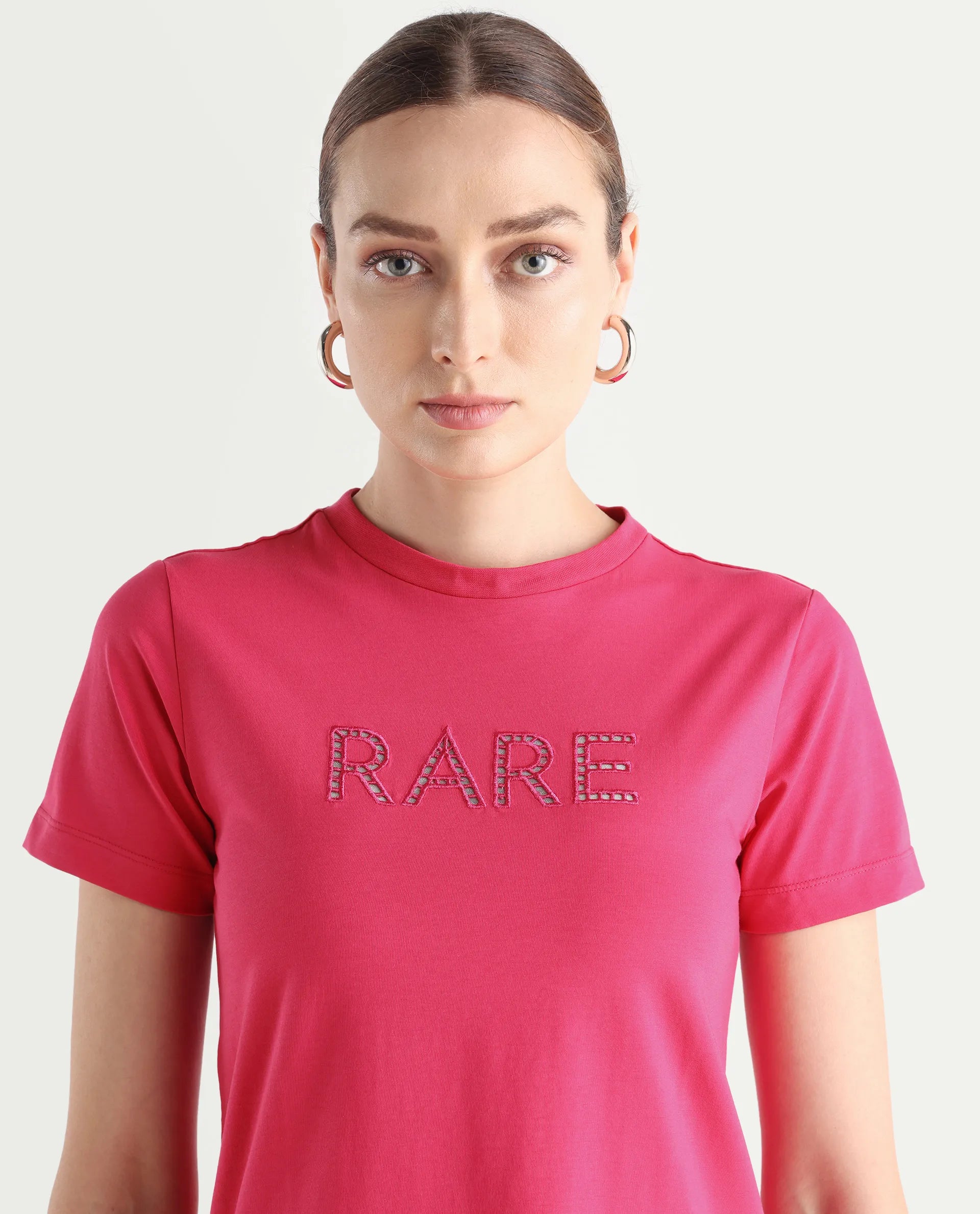 Rareism Women's Bhafi Pink Cotton Blend Crew Neck Typography Print Regular Fit T-Shirt