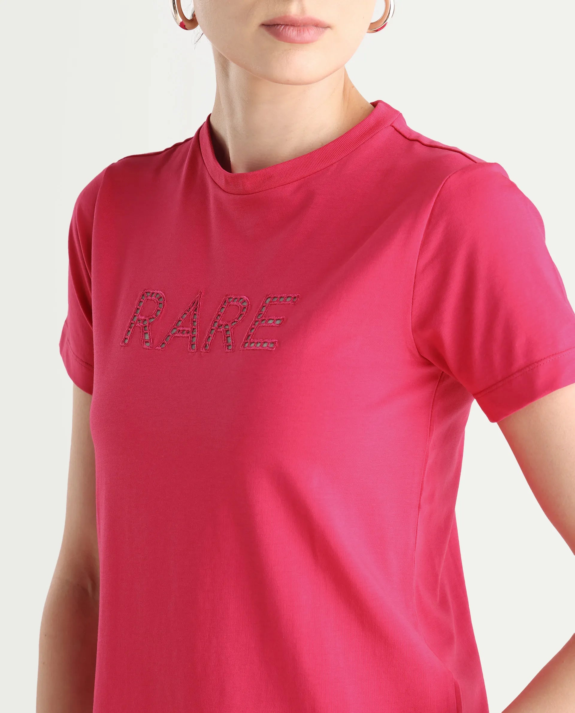 Rareism Women's Bhafi Pink Cotton Blend Crew Neck Typography Print Regular Fit T-Shirt