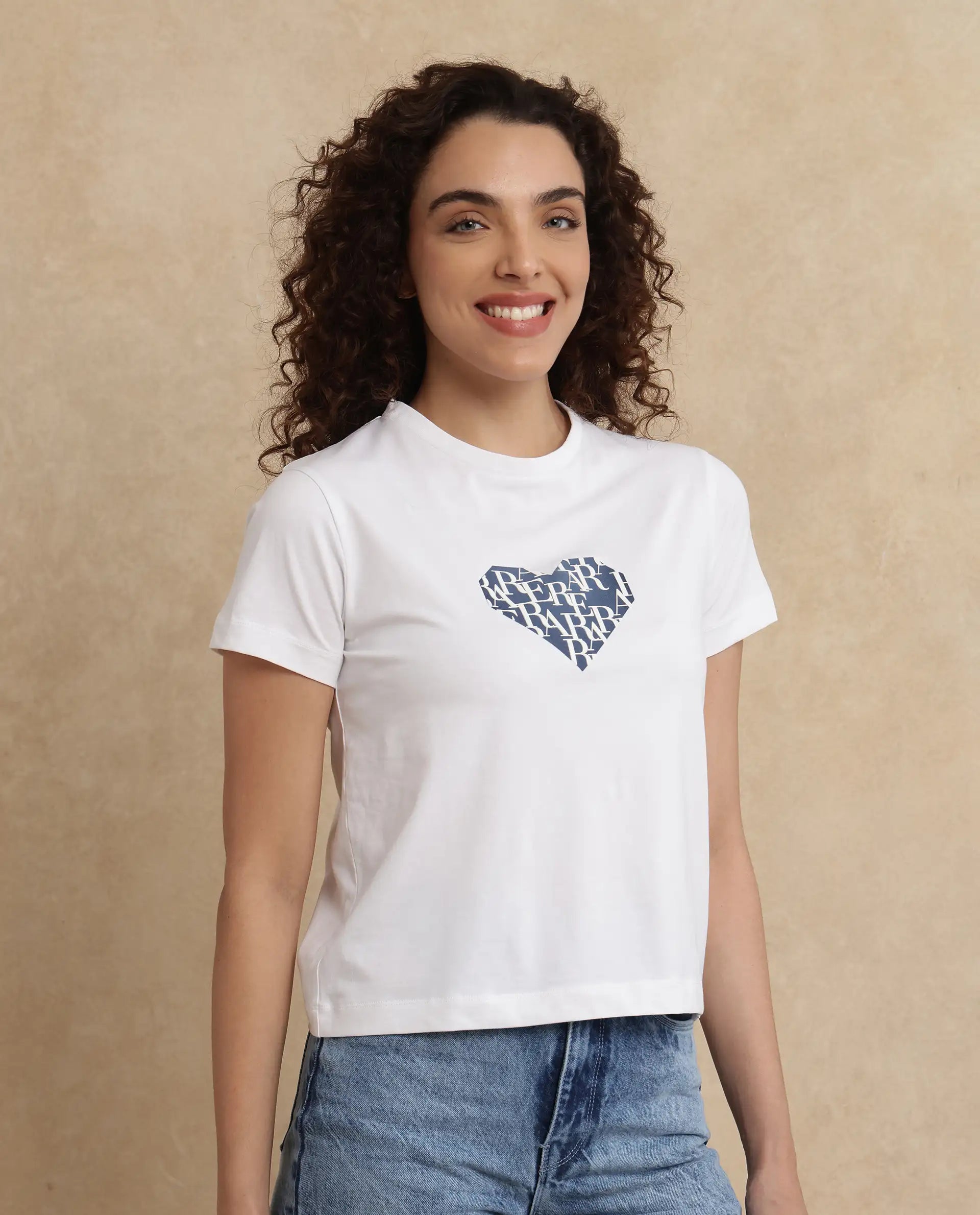 Rareism Women Bhager Off White Cotton Lycra Fabric Short Sleeve Crew Neck Graphic Print T-Shirt