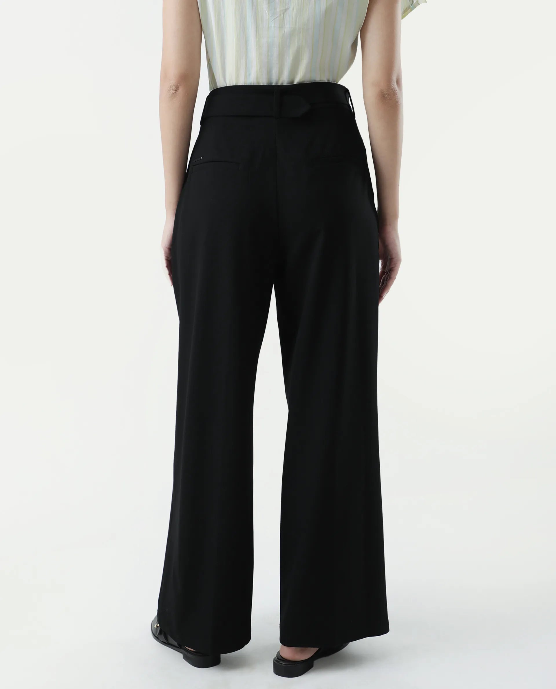 Rareism Women's Bhakil Black Polyester Blend Plain Ankle Length Straight Fit Trouser