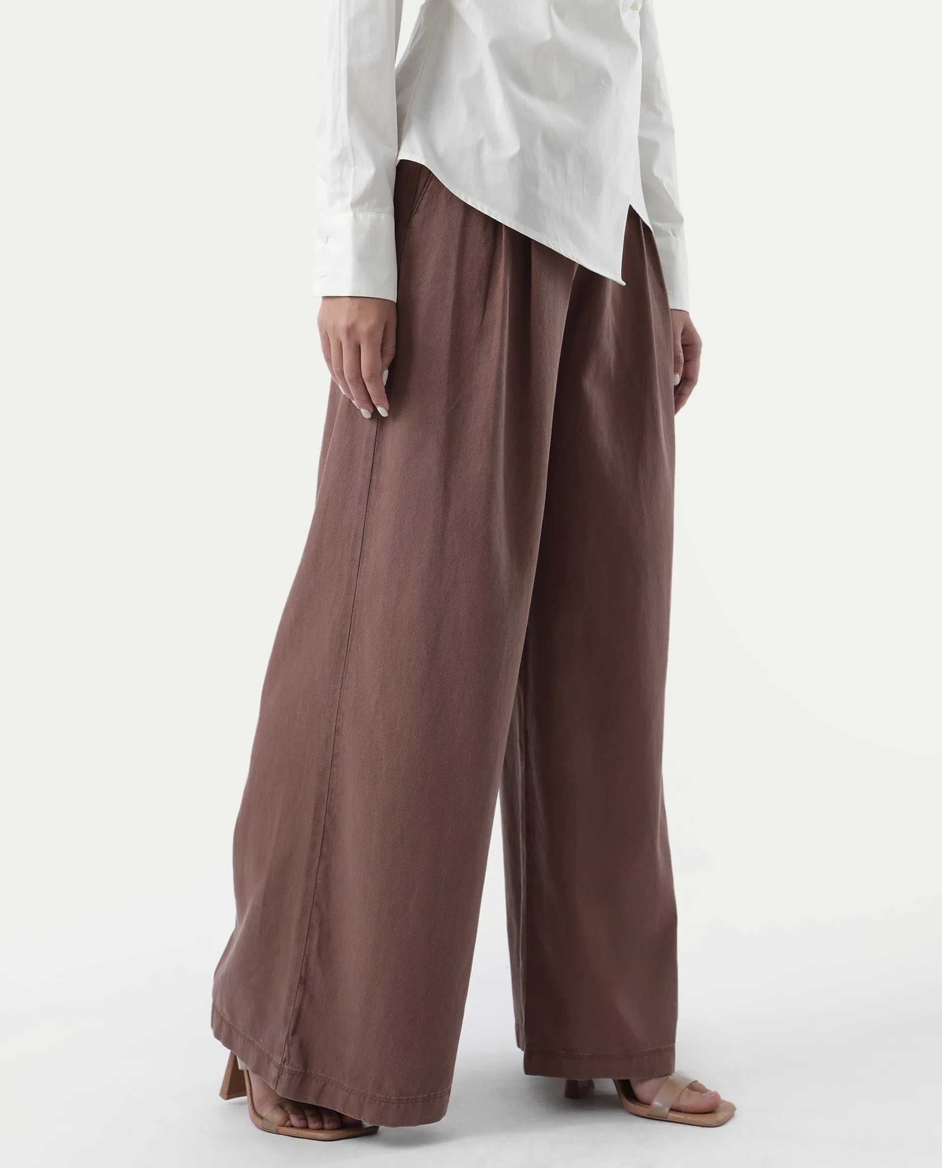 Rareism Women's Bhaleyn B Light Brown Cotton Blend Plain Ankle Length Flared Trouser