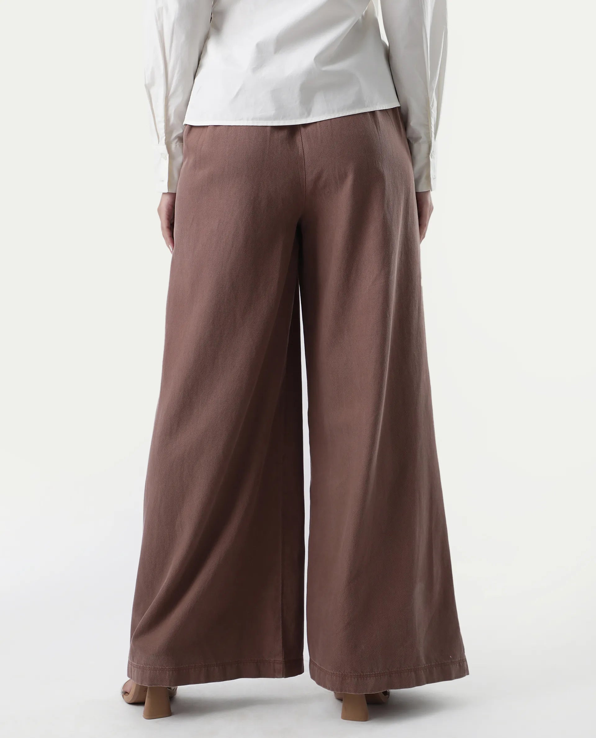Rareism Women's Bhaleyn B Light Brown Cotton Blend Plain Ankle Length Flared Trouser